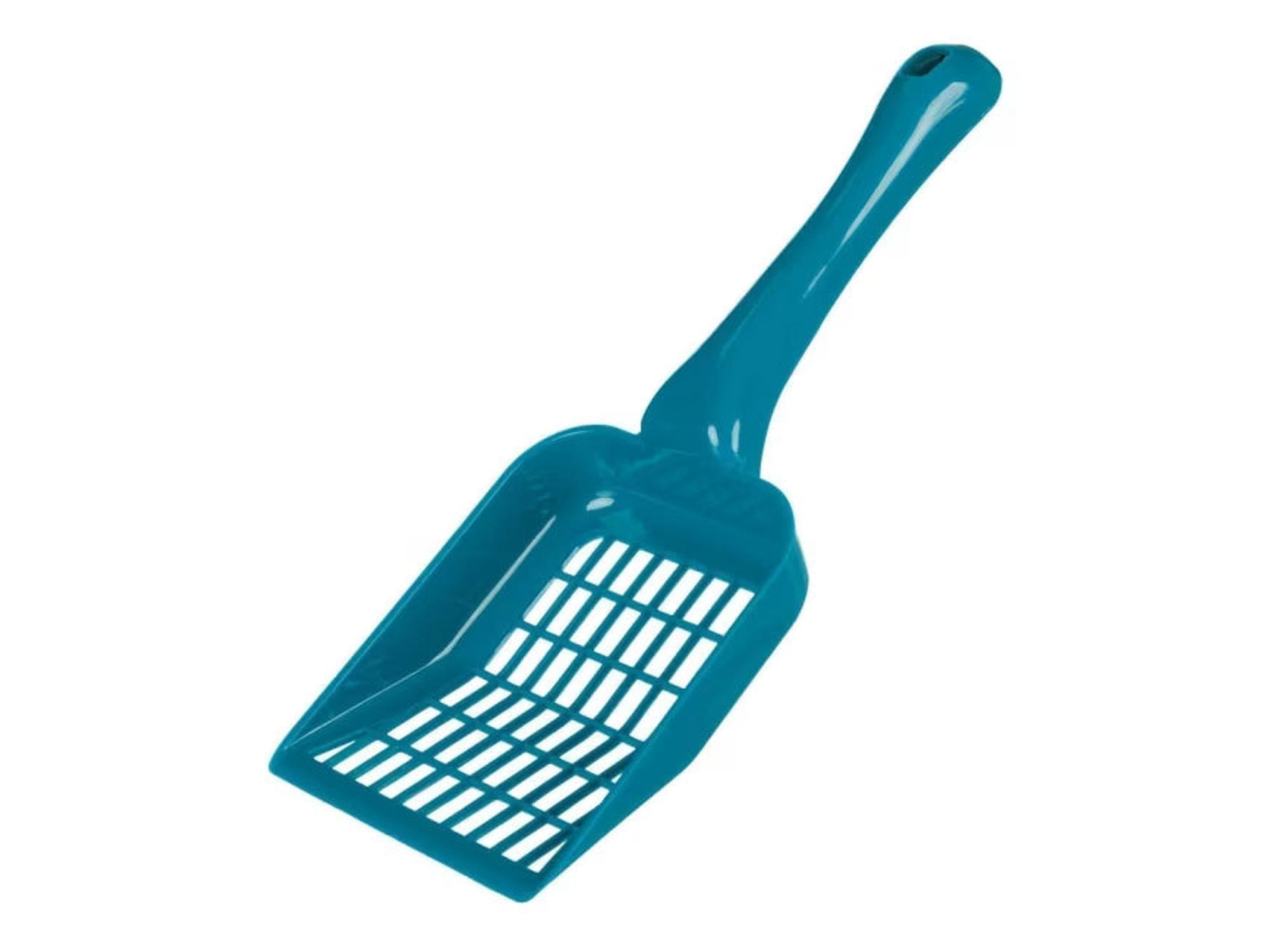 Turkis grov kattespade i plast med rektangulære hull og langt håndtak for enkel rengjøring.