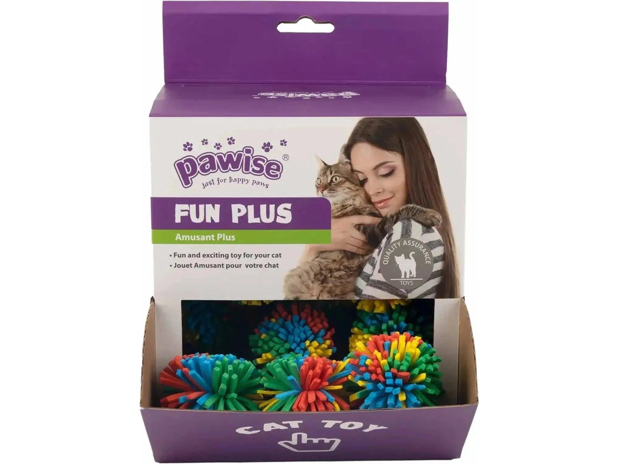 Pawise Fun Plus katteleke med fargerike regnbueballer i en lilla eske.
