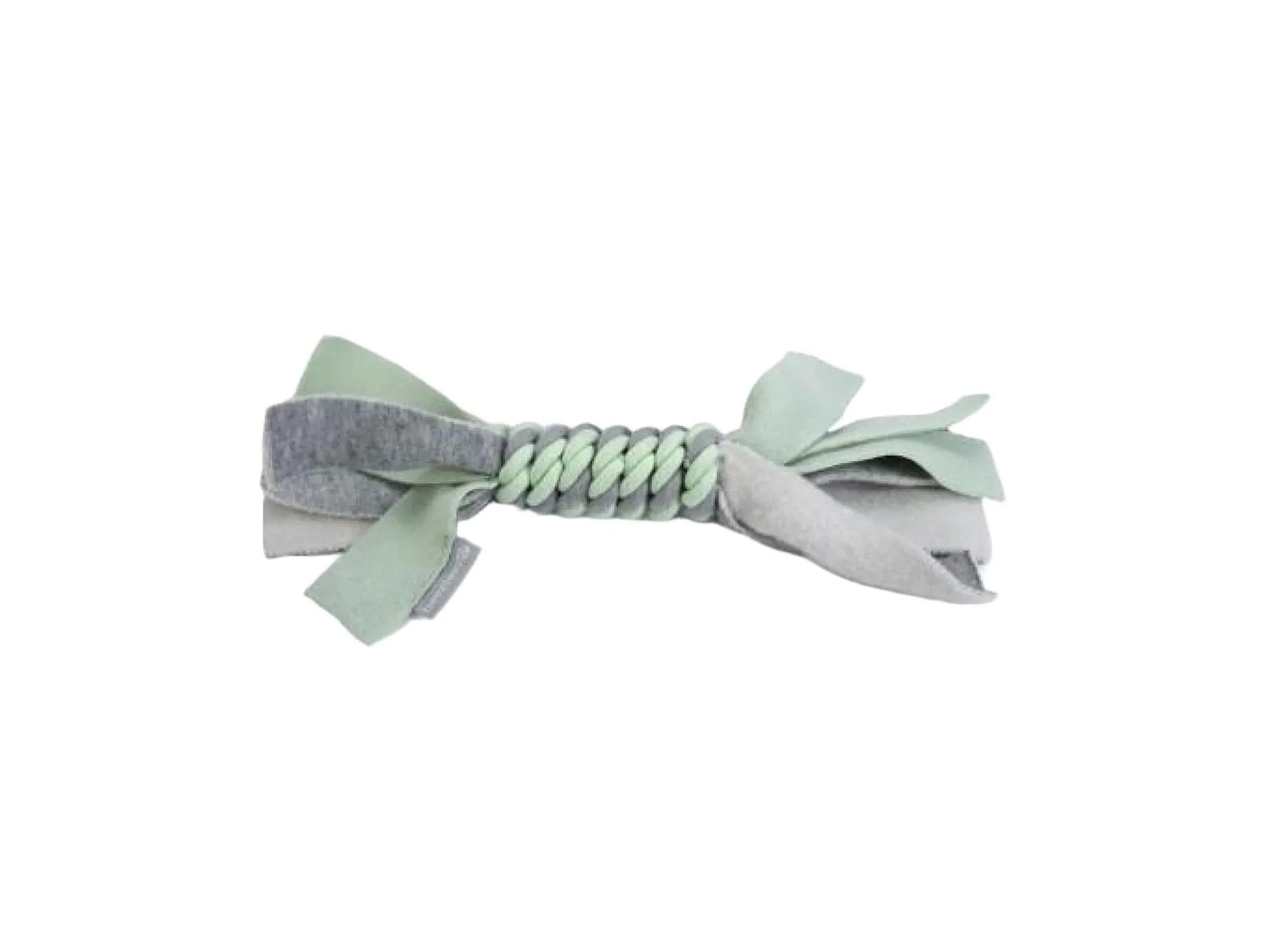 Grønn og grå flettet tauleke i polyester for valper, ca. 25 cm lang.