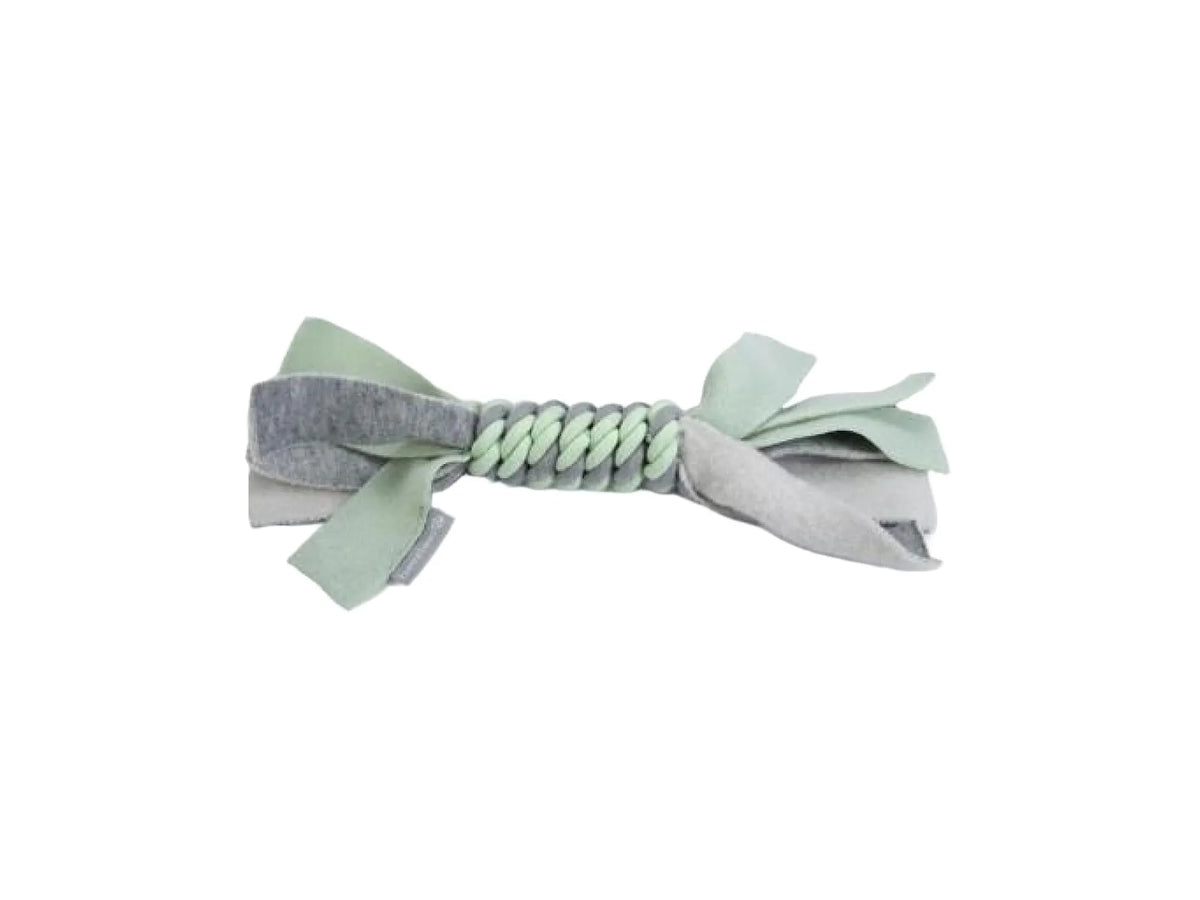 Grønn og grå flettet tauleke i polyester for valper, ca. 25 cm lang.