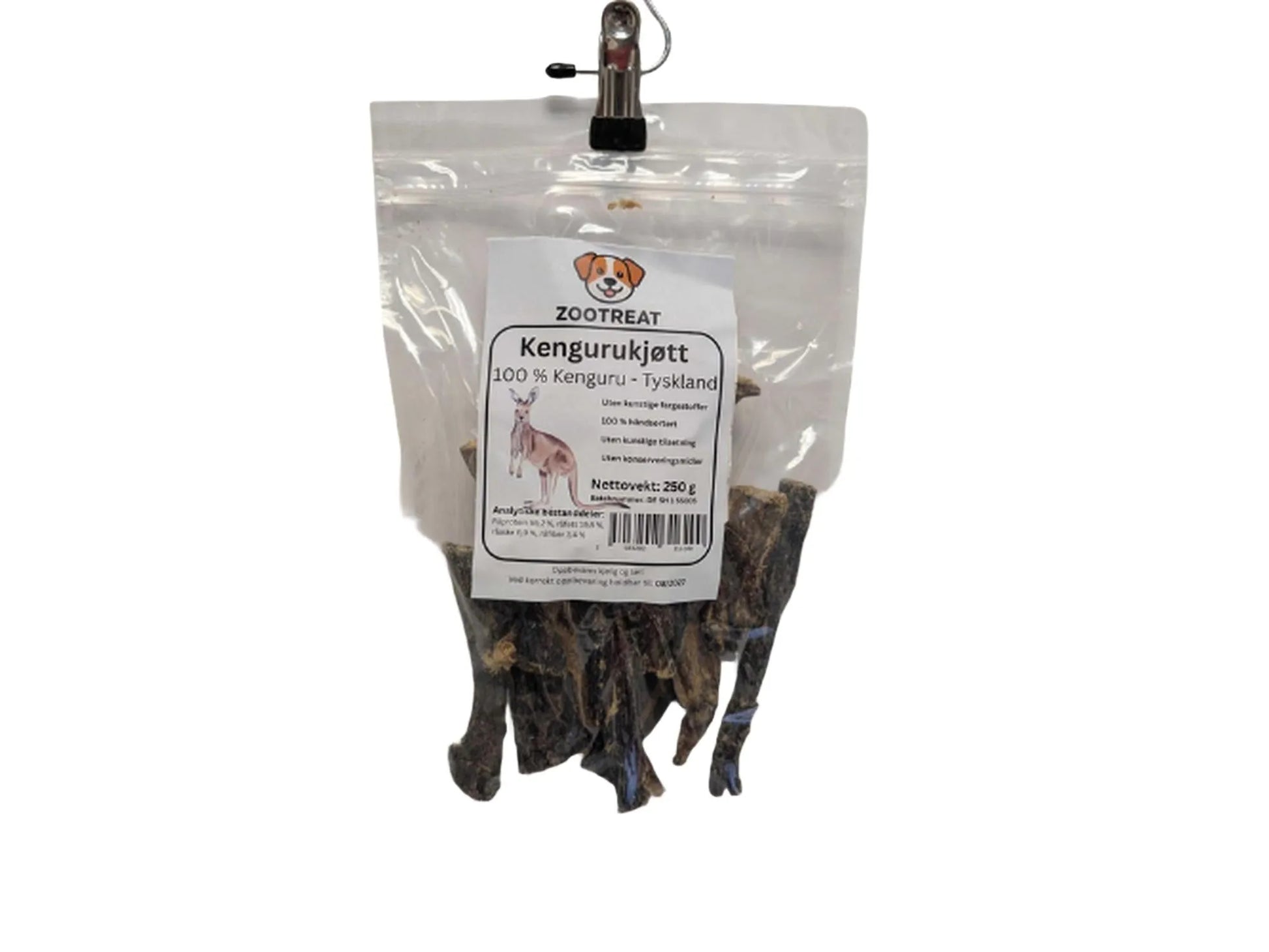 Gjennomsiktig pose med mørkebrune kengurukjøttbiter til hund, merket Zootreat, 250g.