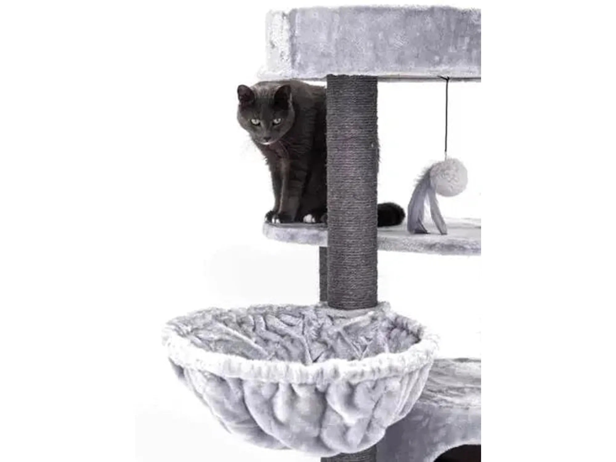 Grått, luksuriøst kattetre Charlotte 134 med sisalstolper, hengekøye og en katt.