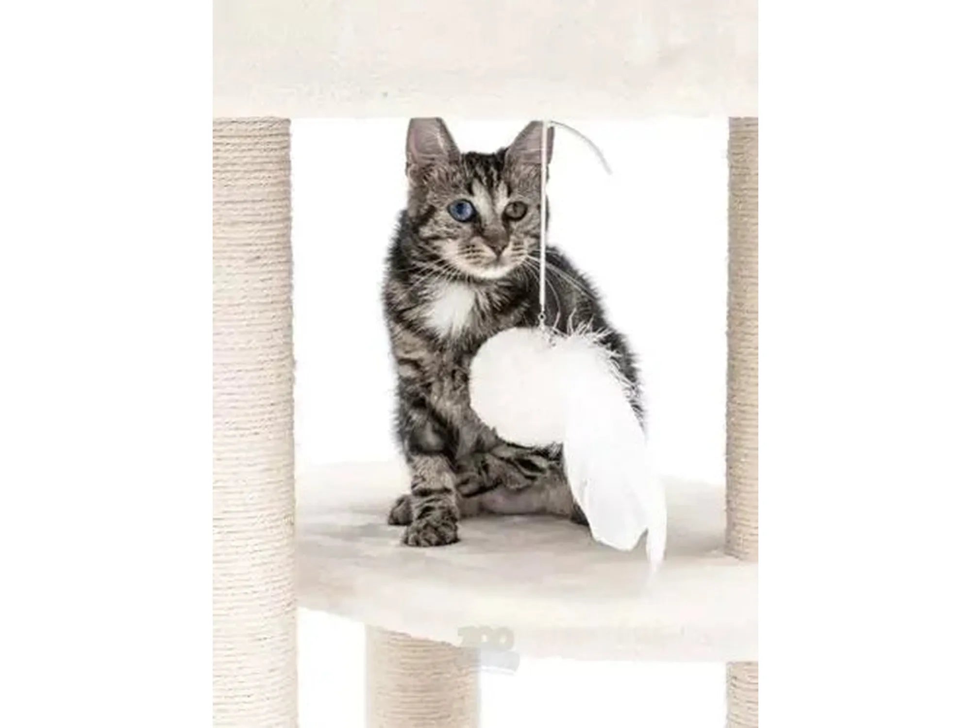 Tabby cat on a cream Petrebels Charlotte 134 cat tree with sisal scratching posts and a feather toy.