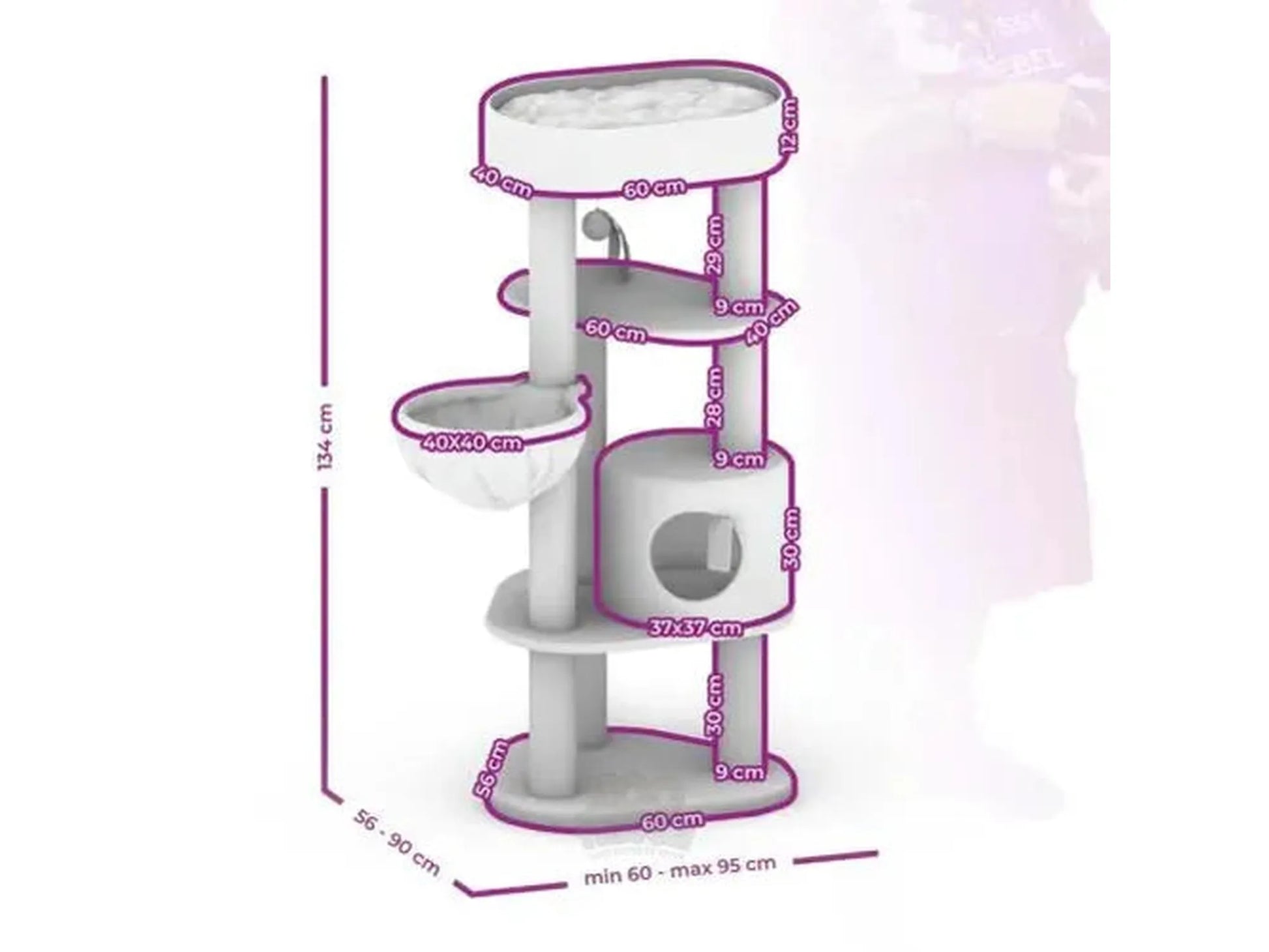 Luksuriøst, kremfarget kloretre Charlotte 134 med flere nivåer, hule, hengekøye og sisalstolper.