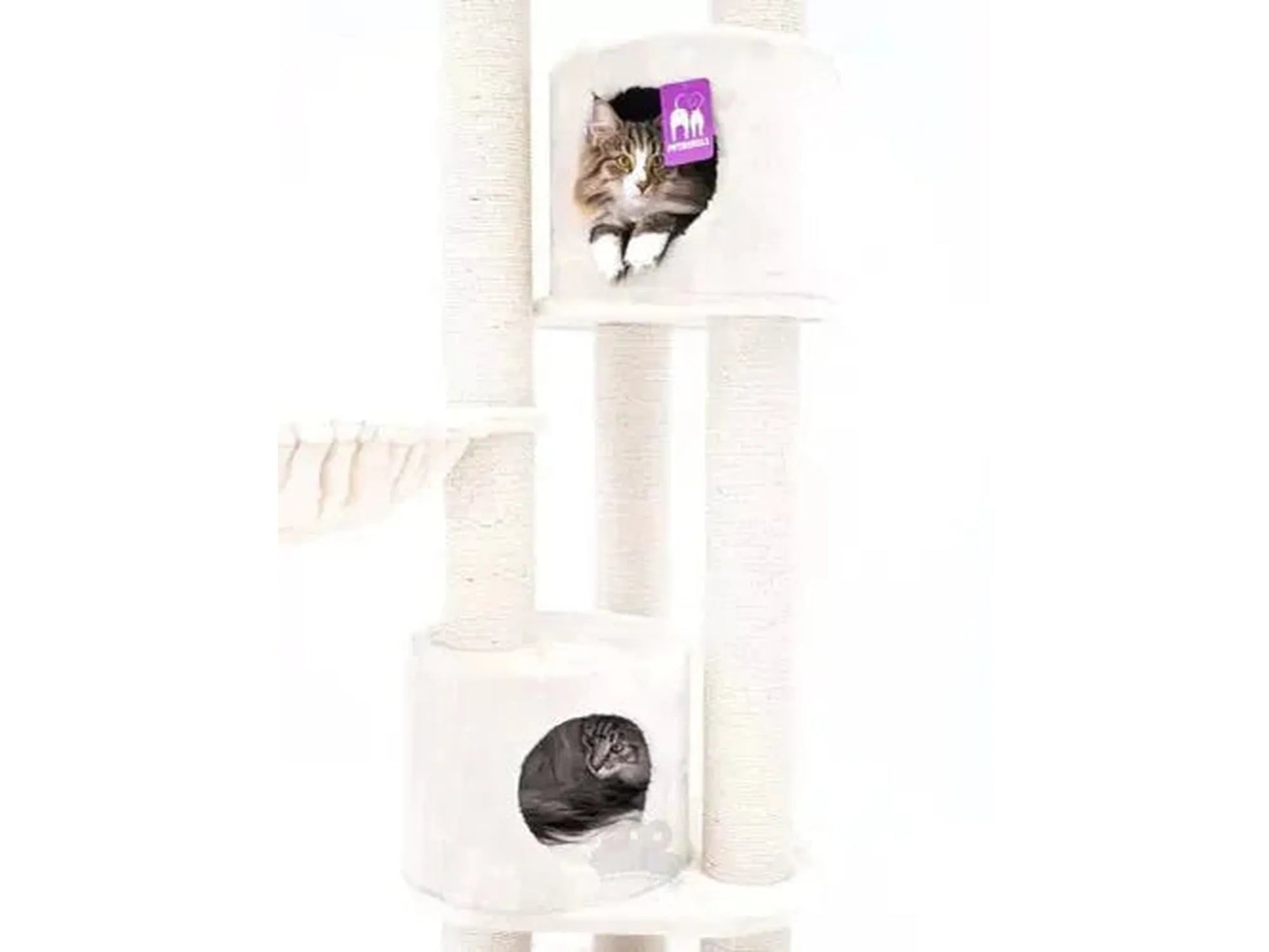 Cream Petrebels Charlotte 180 cat tree with sisal scratching posts and two cat houses.