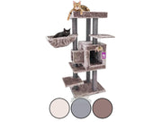 Elegant, grått Petrebels Cleopatra 134 kloretre med sisalstolper, hengekøye og sovehule. En katt ligger på toppen.