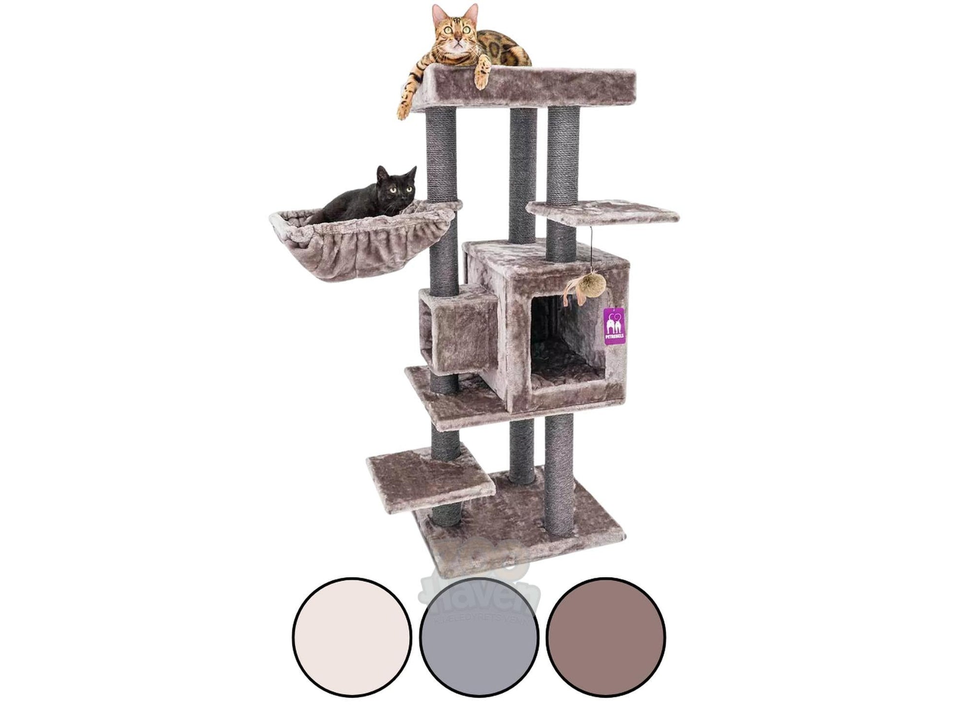 Elegant, grått Petrebels Cleopatra 134 kloretre med sisalstolper, hengekøye og sovehule. En katt ligger på toppen.