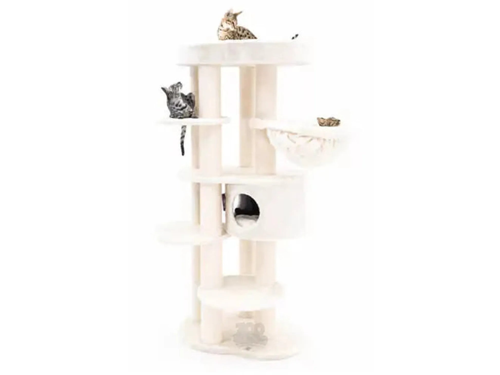 Cream Kings & Queens Isabella 170 XXL cat tree with multiple levels, sisal scratching posts, hammock, and cats.