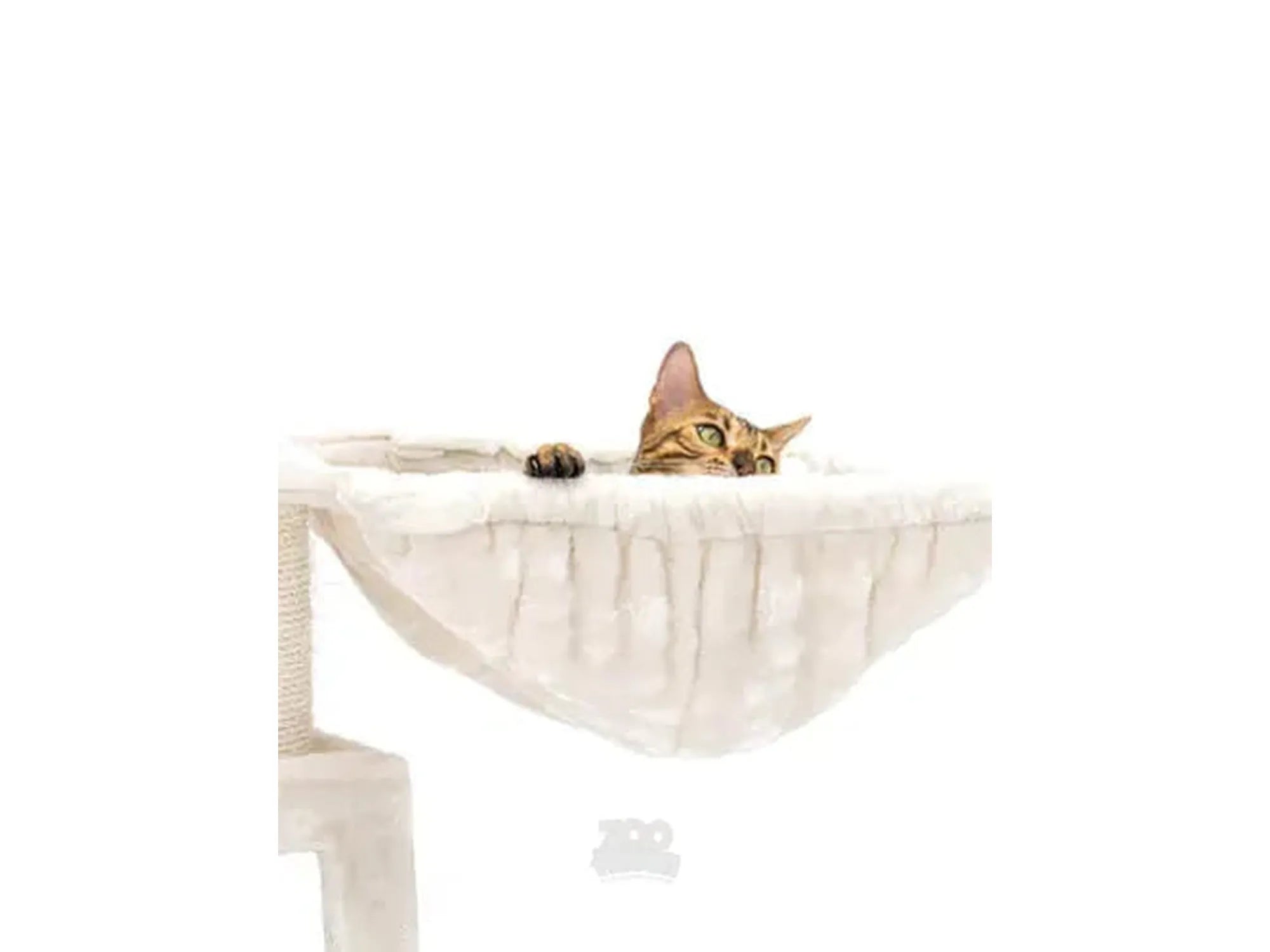 Bengal cat peeking from a cream-colored, plush cat tree hammock with sisal scratching post.