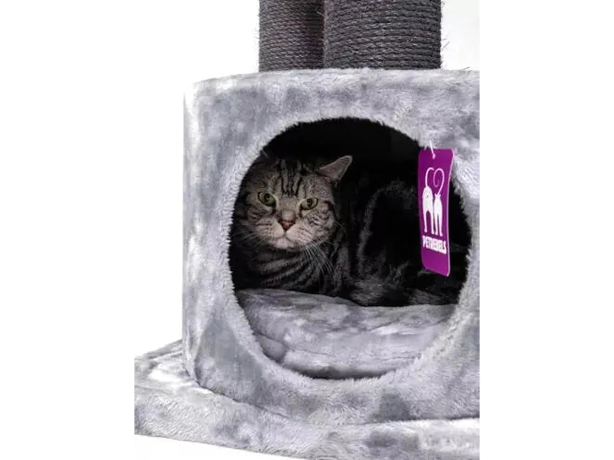 Grå plysj kattetre Victoria 125 med en katt i hulen, sisal klorestolpe synlig.