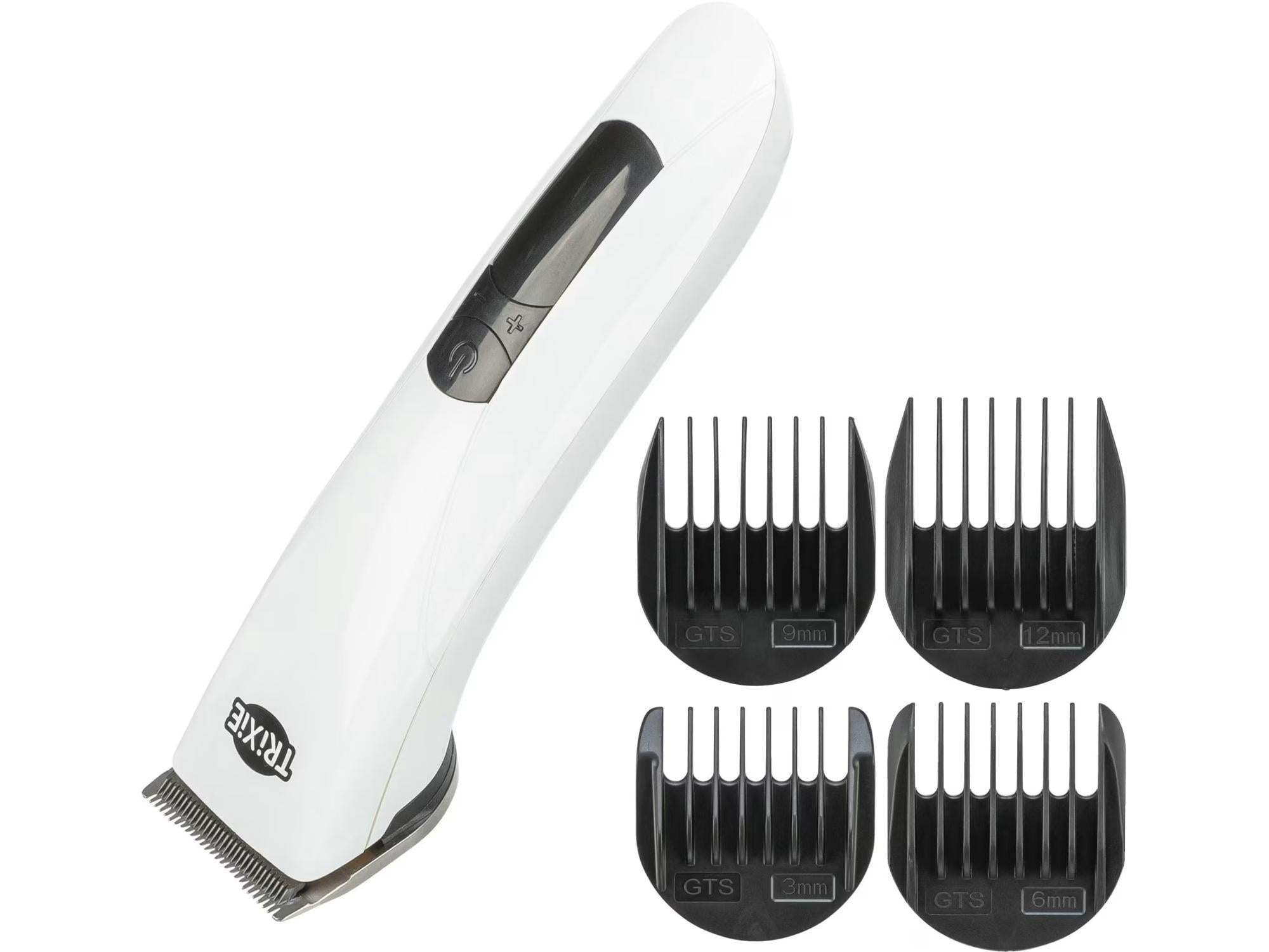 Hvit og sort trådløs Klippemaskin TR1600 med fire sorte avstandskammer.