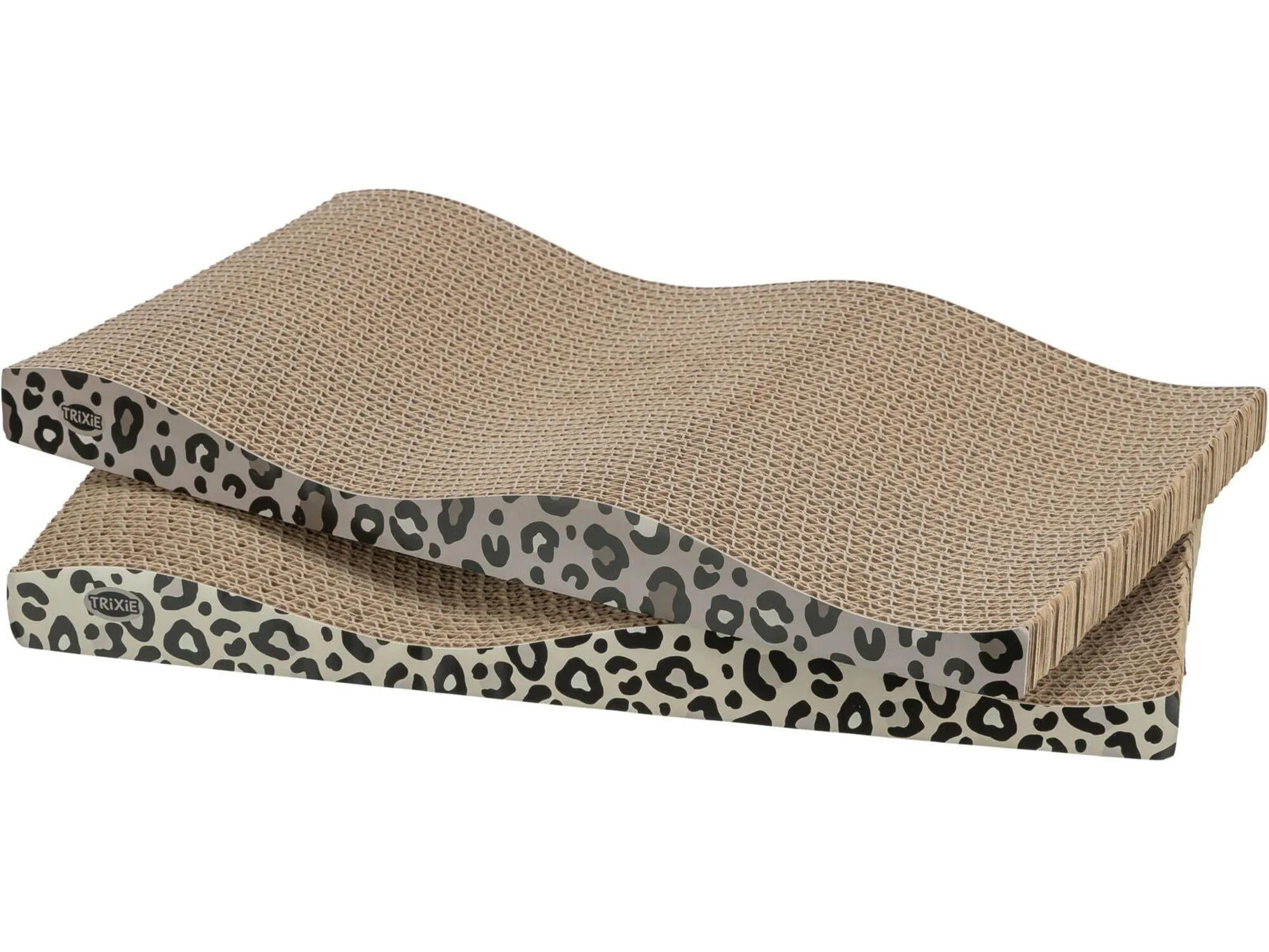 To Trixie Klorebrett Leo i bølgepapp med leopardmønster og bølget form.