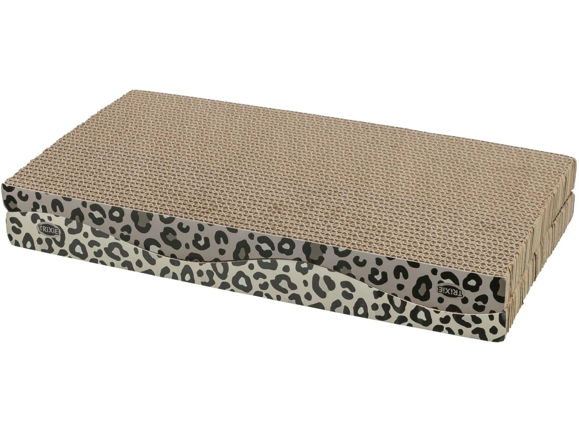 Rektangulært Trixie klorebrett av bølgepapp med leopardmønster på sidene.