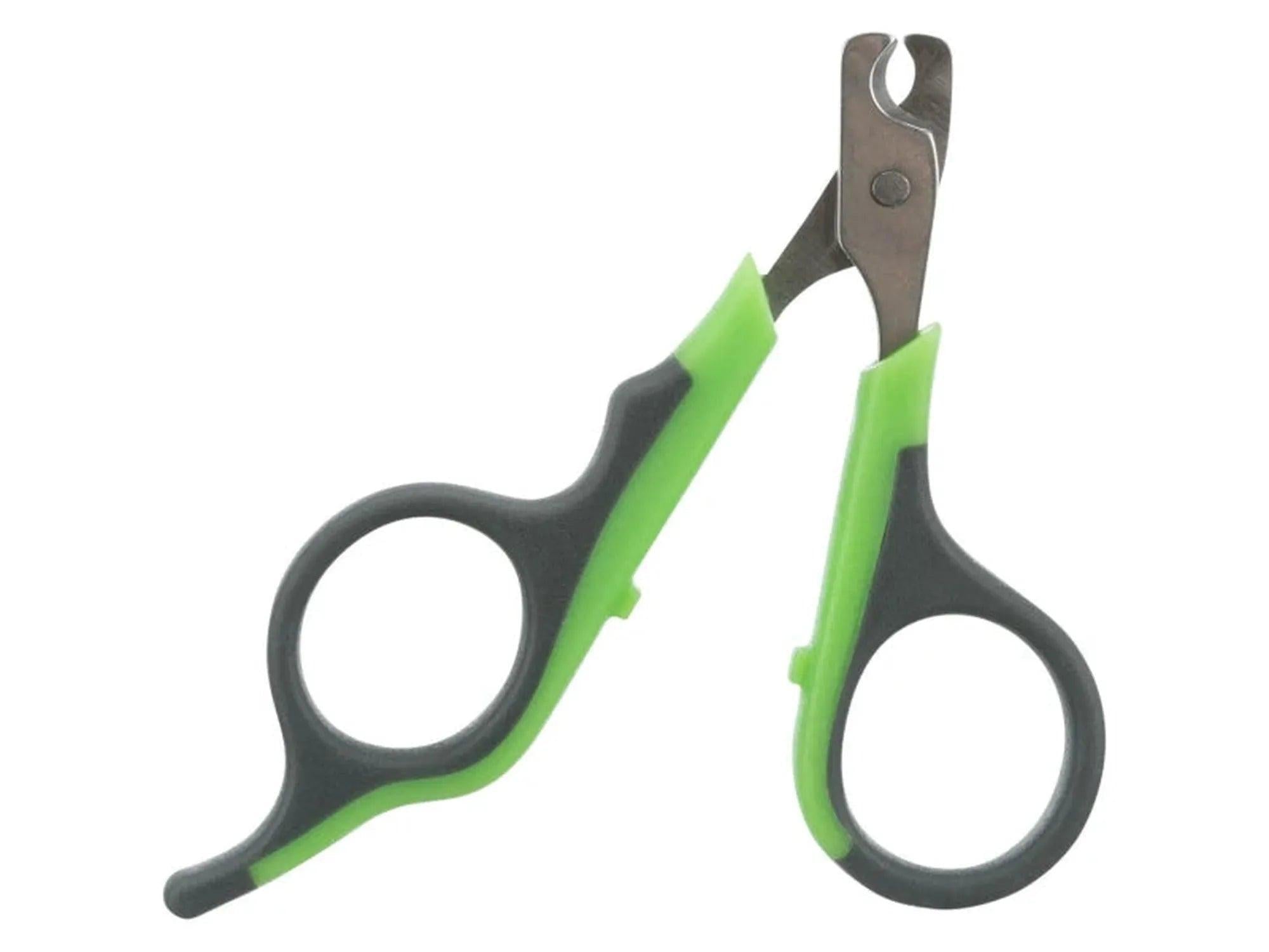 Grå og grønn 8cm klotang i rustfritt stål for gnagere og fugler, med ergonomisk grep.