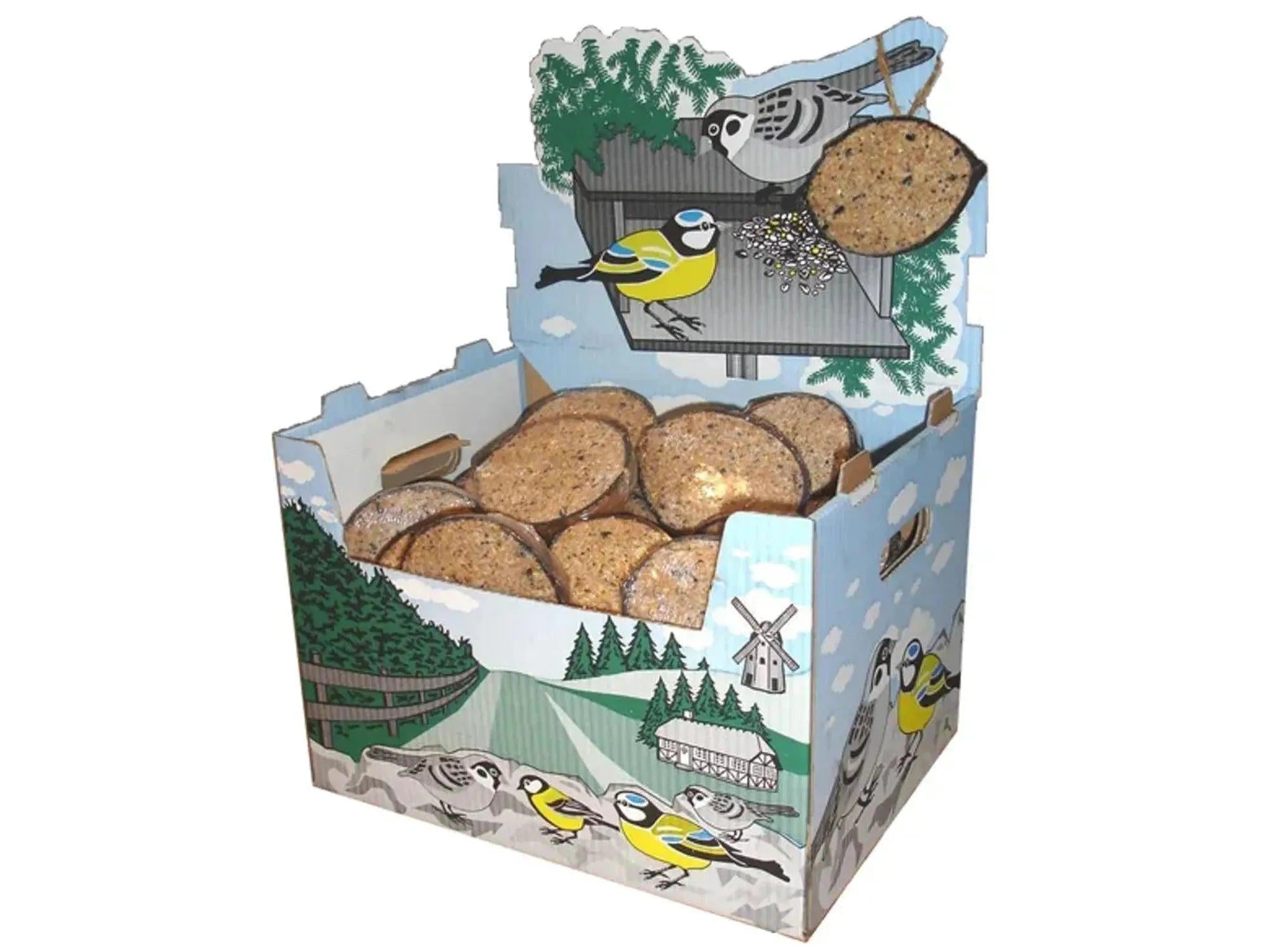 Displayboks med Kokosnøtt Halv med Frø og Bær villfuglfôr, dekorert med fugler og landskap.