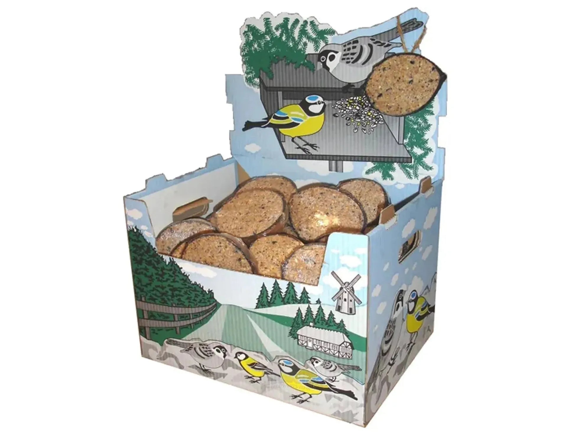 Displayboks med Kokosnøtt Halv med Frø og Bær villfuglfôr, dekorert med fugler og landskap.