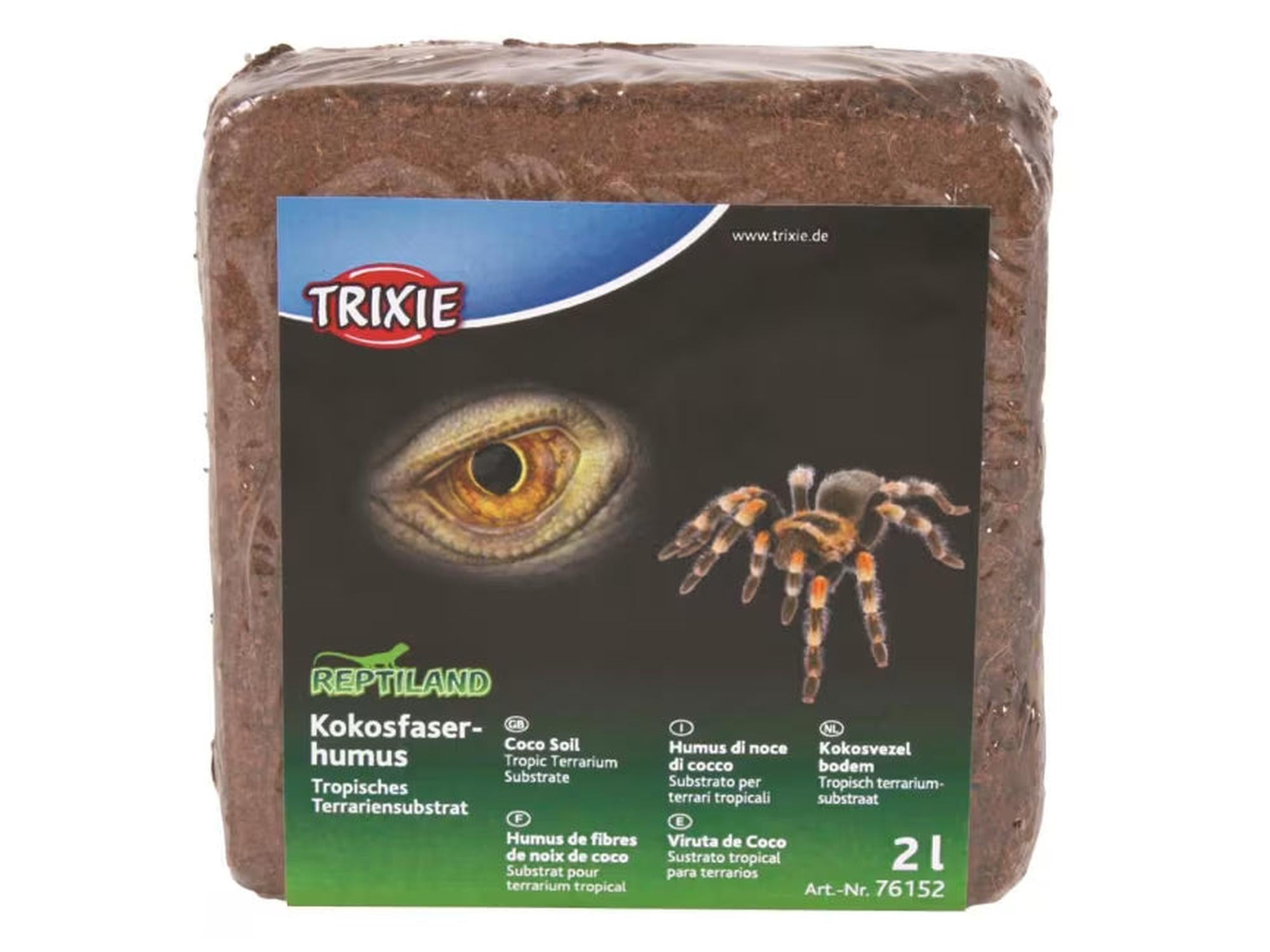 Trixie Reptiland kokosfiber-humus terrariumsubstrat, komprimert brun blokk med edderkopp og øye på etiketten.