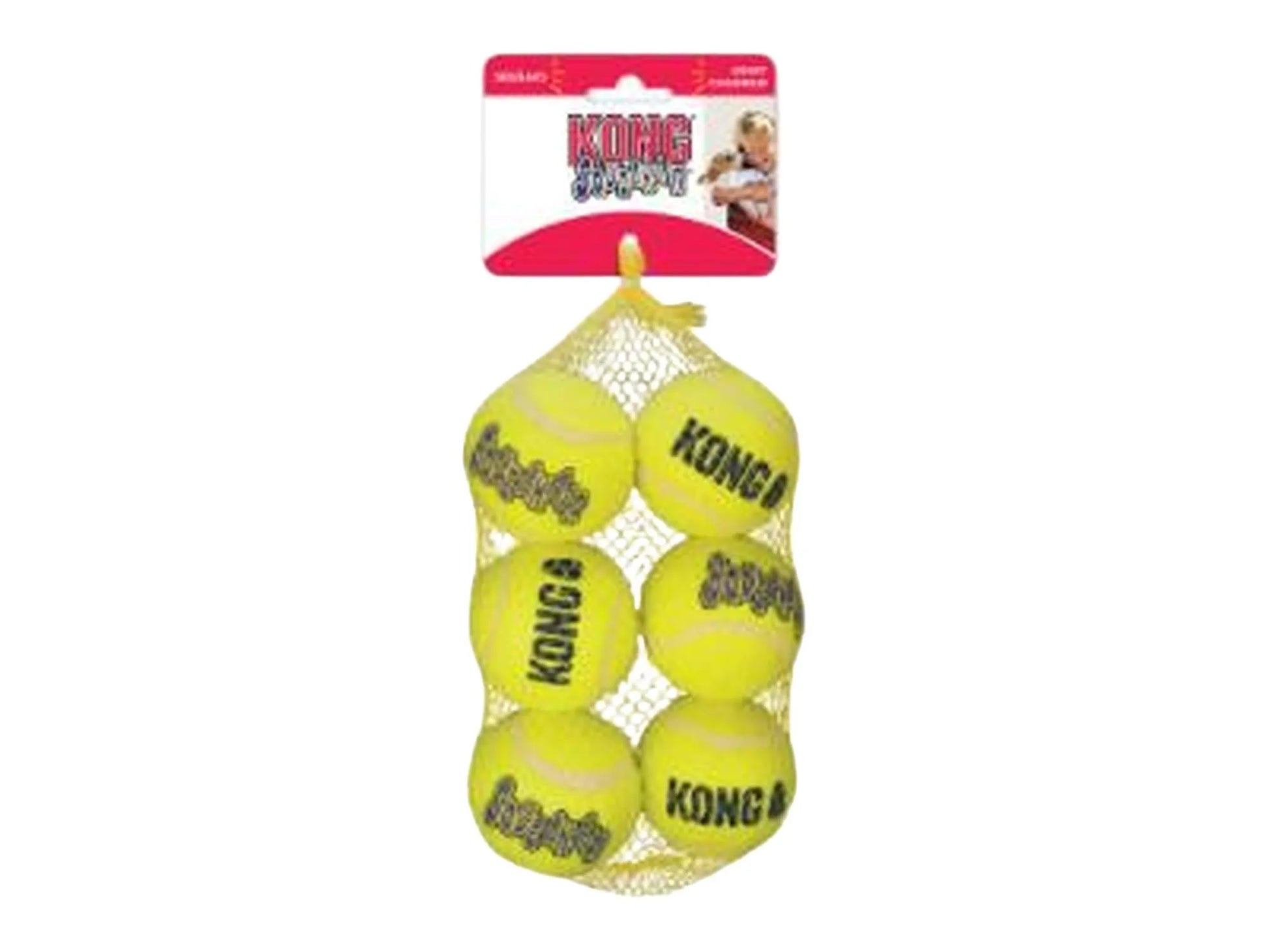 Seks gule Kong SqueakAir tennisballer i en nettpose, med Kong-logoen på hver ball.