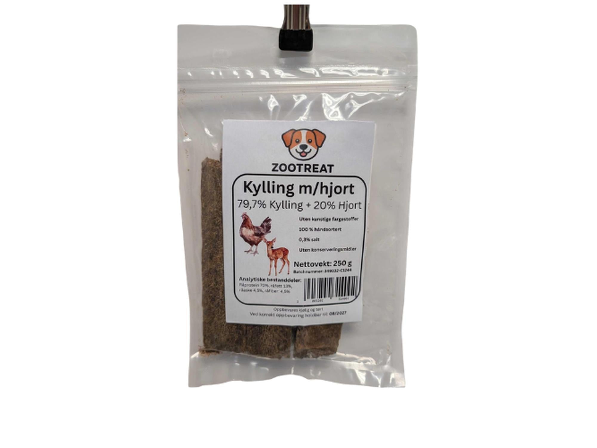 Zootreat Kylling m/hjort strips for hund og katt, 250g, i klar pose med hvit etikett.