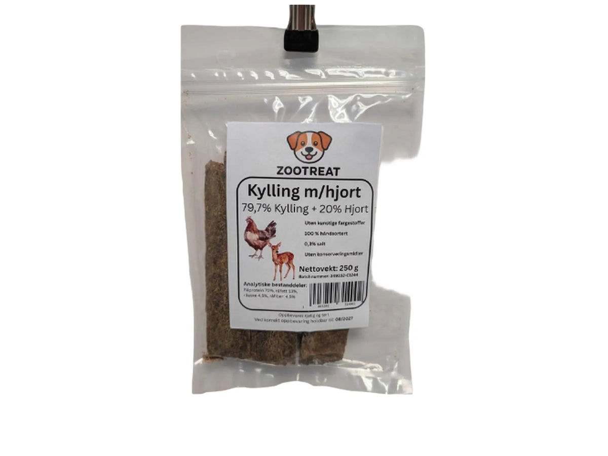 Zootreat Kylling m/hjort strips for hund og katt, 250g, i klar pose med hvit etikett.
