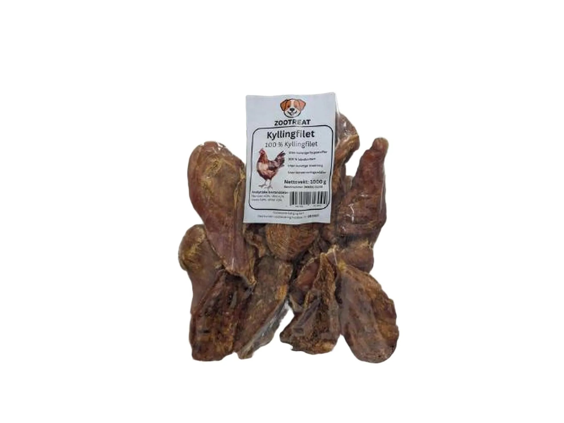 Zootreat tørket kyllingfilet til hund, 1000g, i klar plastpose med hvit etikett.