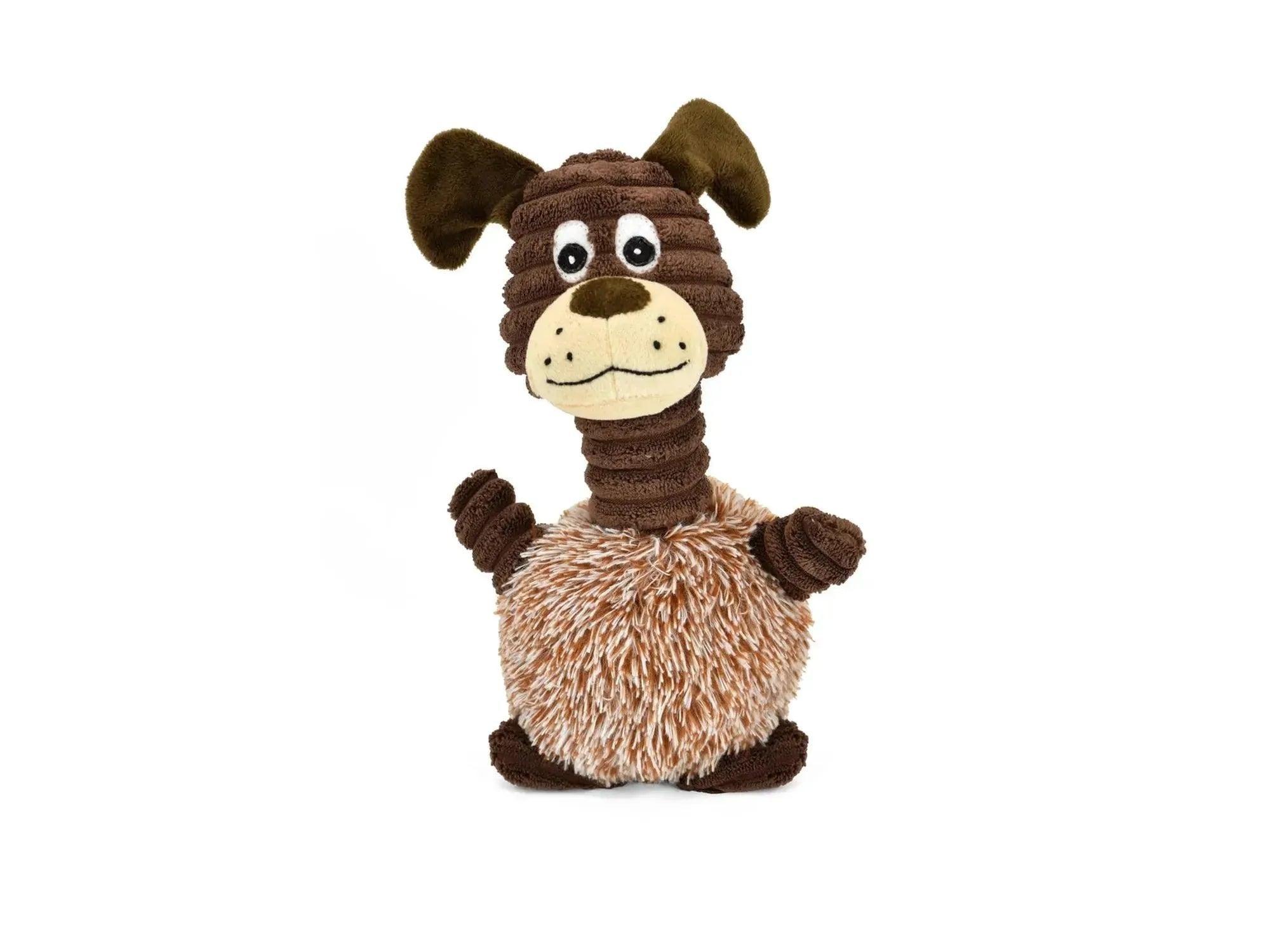 Brun plysjhund med lang, riflet hals og lodden kropp, 22 cm.