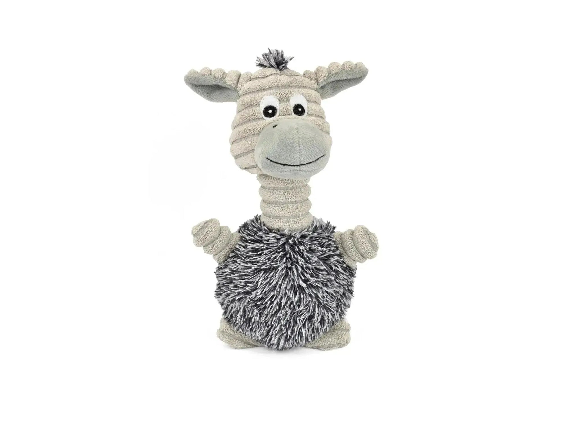 Grått plysjdyr med lang, ribbet hals, lodden kropp, og ører, ca. 22 cm.