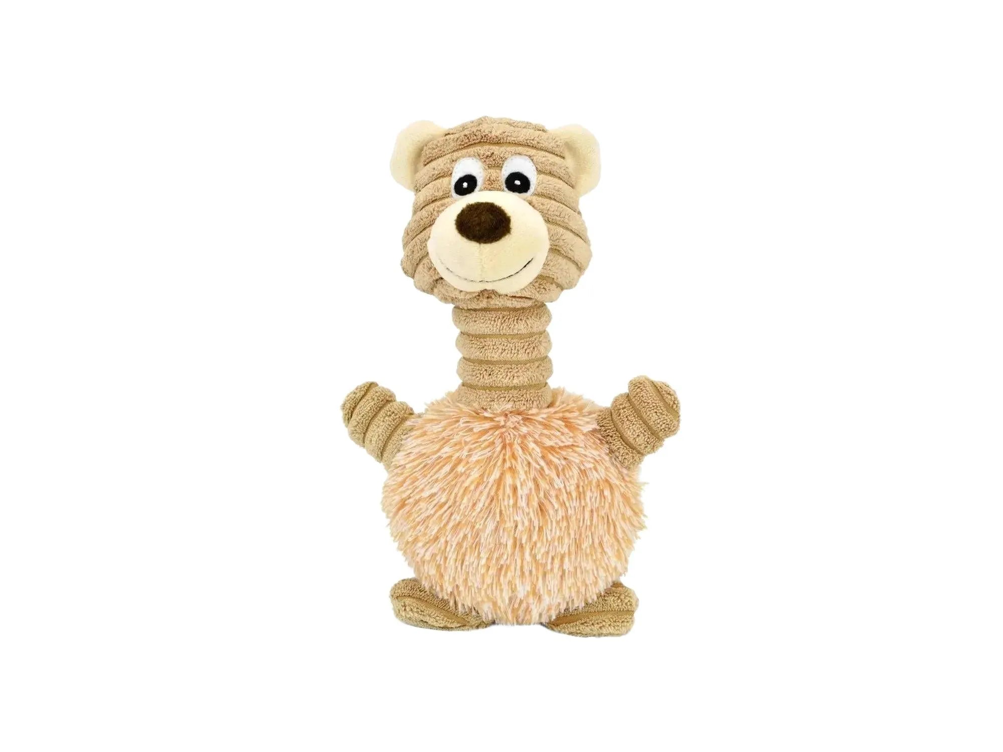 Brun plysjdyr med lang, ribbet hals, lodden kropp og bjørneansikt, ca. 22 cm.