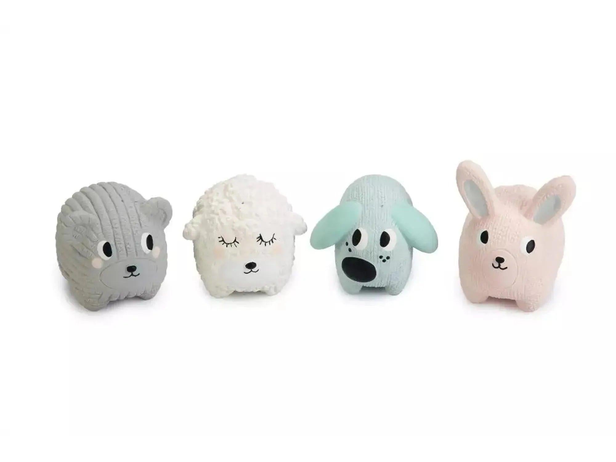 Fire assorterte 6 cm latex pipeleker: grå bjørn, hvit sau, lyseblå hund og rosa kanin.