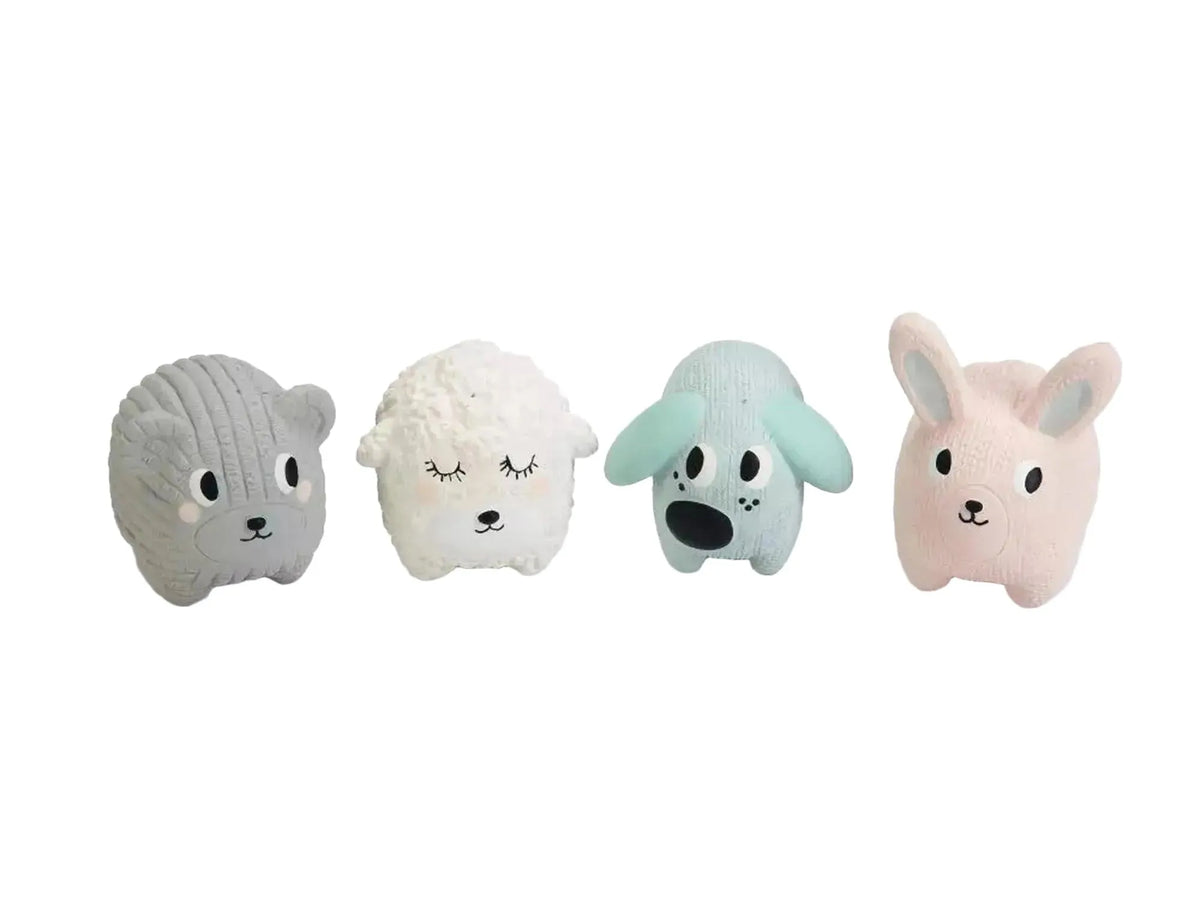 Fire assorterte 6 cm latex pipeleker: grå bjørn, hvit sau, lyseblå hund og rosa kanin.
