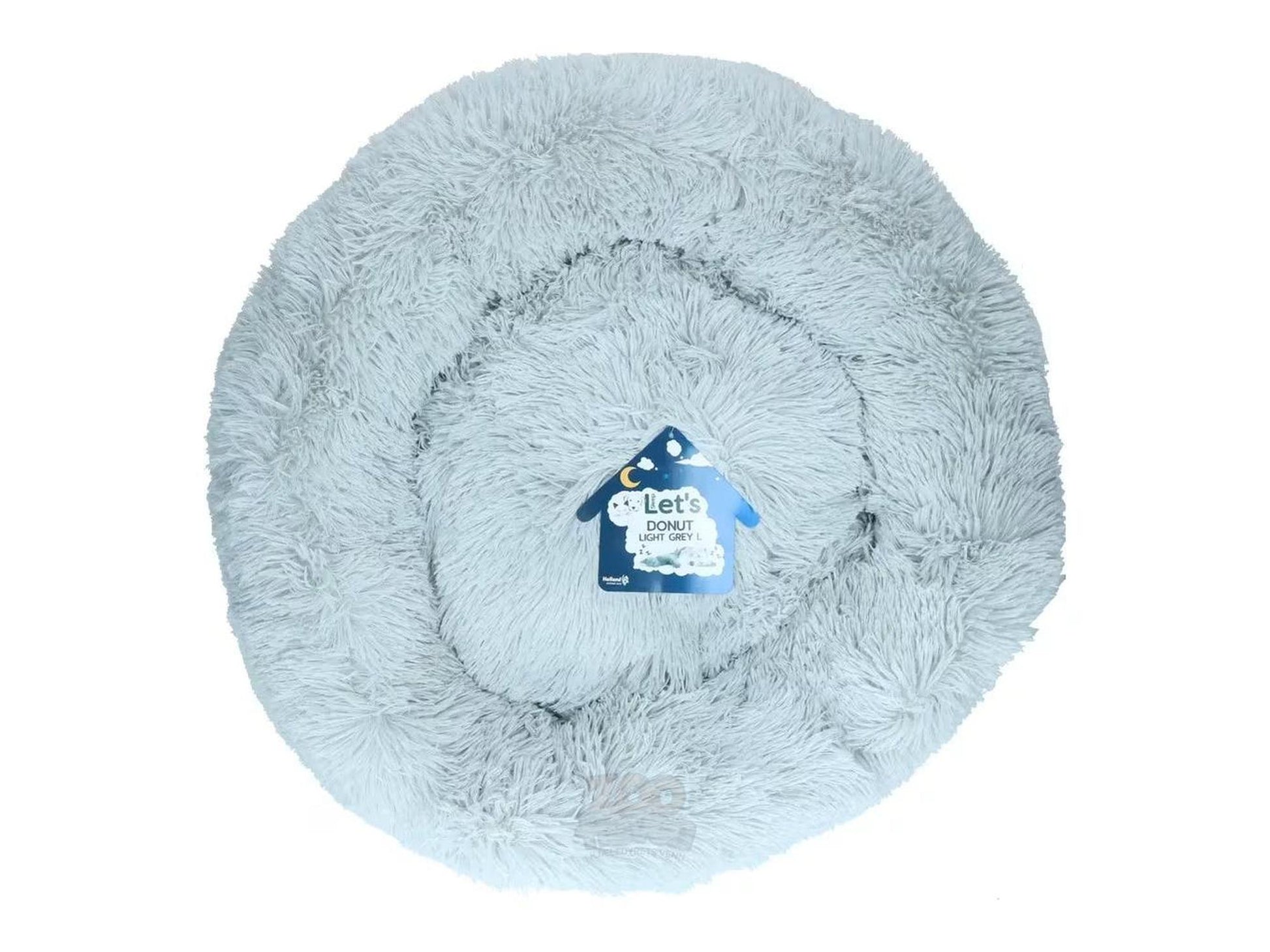 Lysegrå, fluffy Let's Sleep Donut antistress seng for hund og katt, med opphøyde kanter.