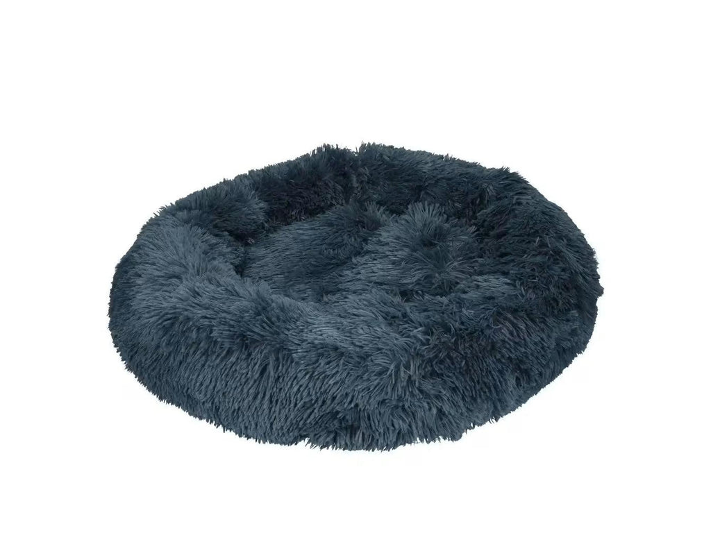 Mørkegrå, fluffy donut antistress seng for hund og katt, med myke, opphøyde kanter.