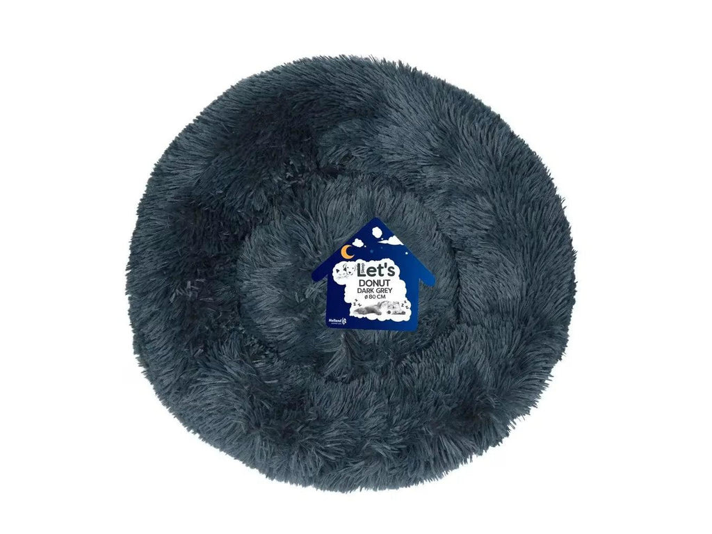 Mørkegrå, fluffy Let's Sleep Donut Calming Bed for hund og katt, med opphøyde kanter.