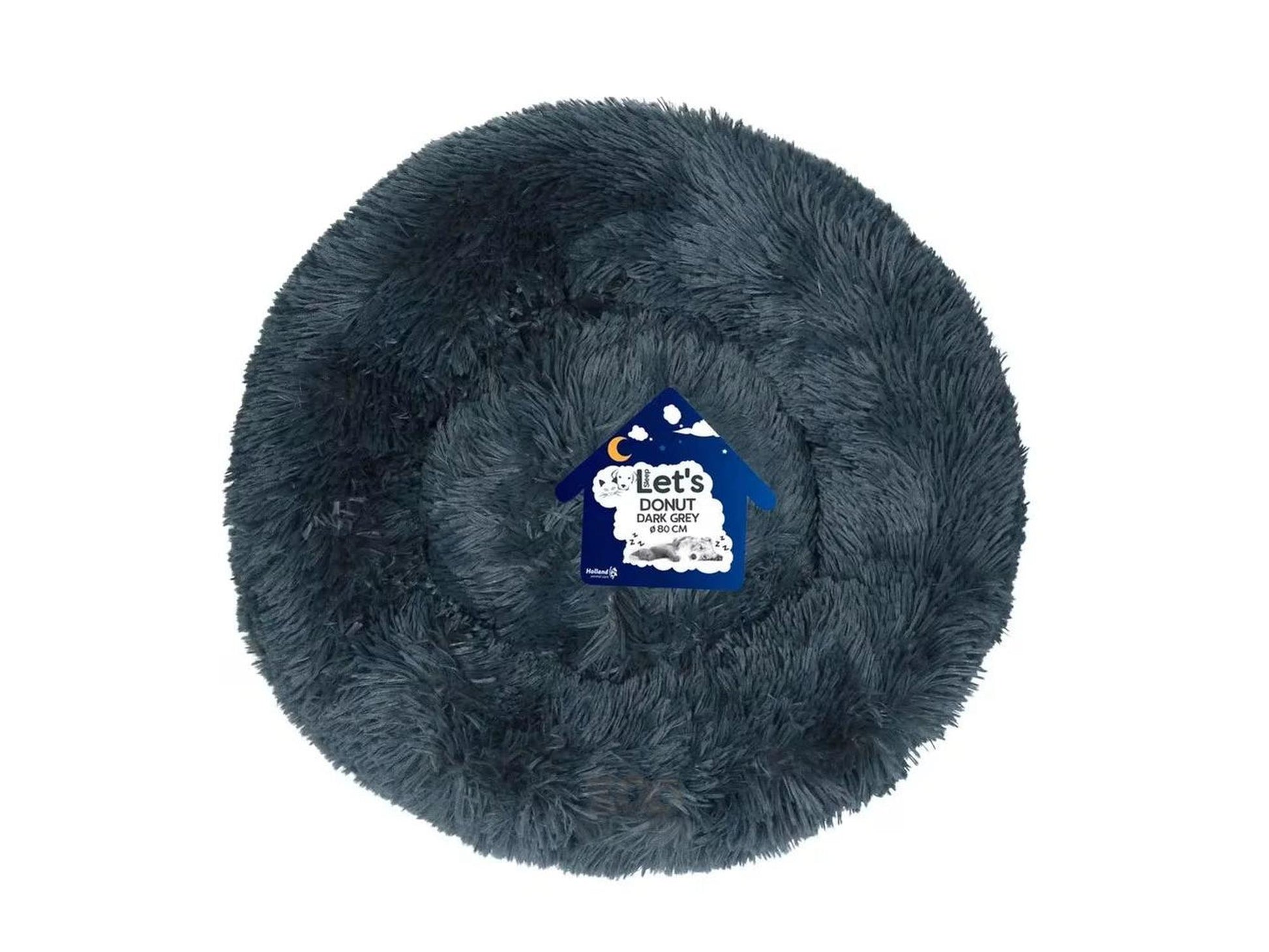 Mørkegrå, fluffy Let's Sleep Donut Calming Bed for hund og katt, med opphøyde kanter.