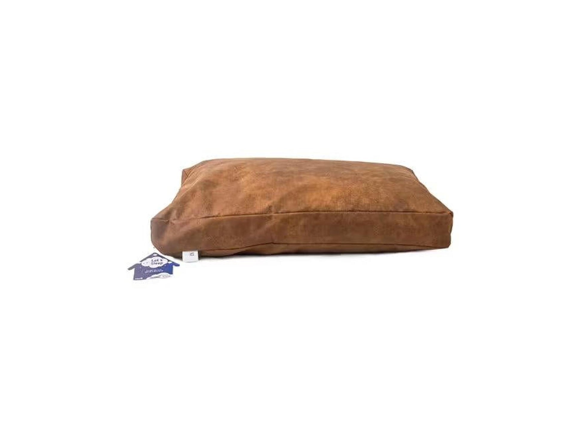 Myk, tykk hundepute i cognac-farget semsket skinn-look med Let's Sleep-merkelapp.