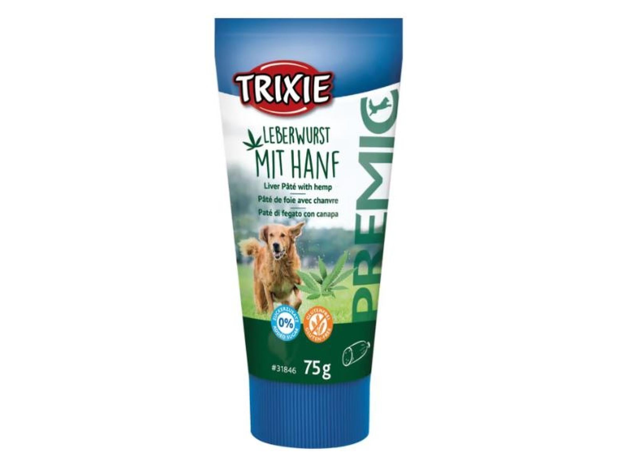 Blå Trixie Leverwurst Mit Hanf tube med bilde av hund og hampblader, 75g.