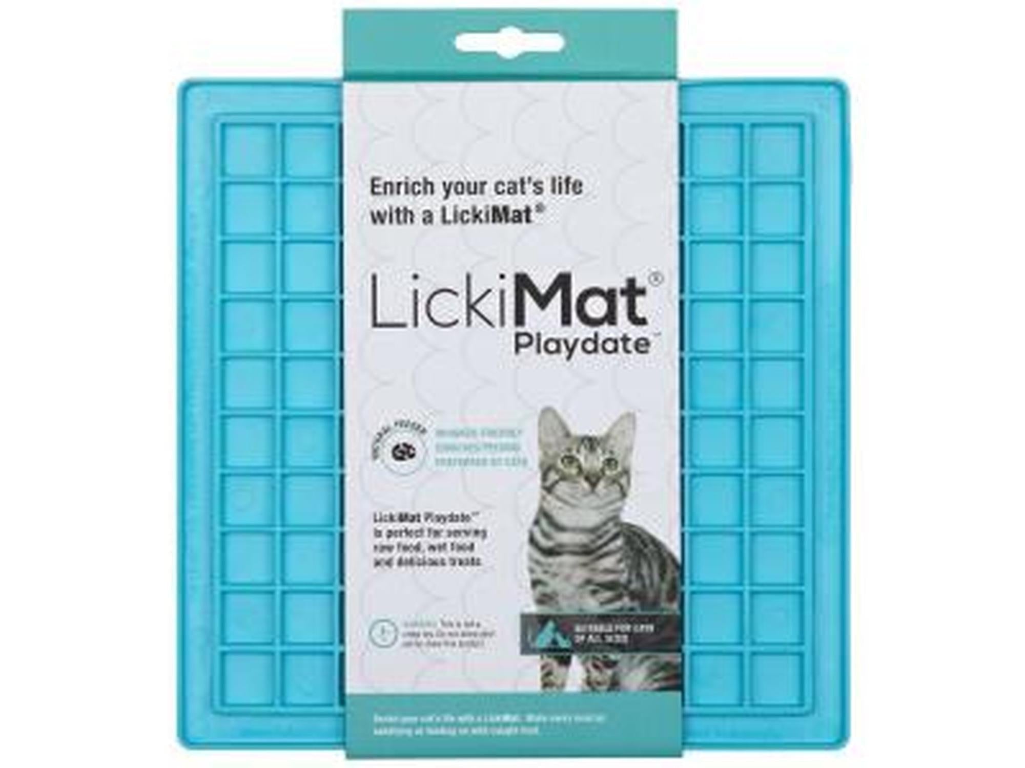 Blå Lickimat Playdate for katt, med firkantede lommer for våtfôr eller godbiter.