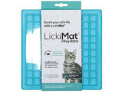 Blå Lickimat Playdate for katt, med firkantede lommer for våtfôr eller godbiter.