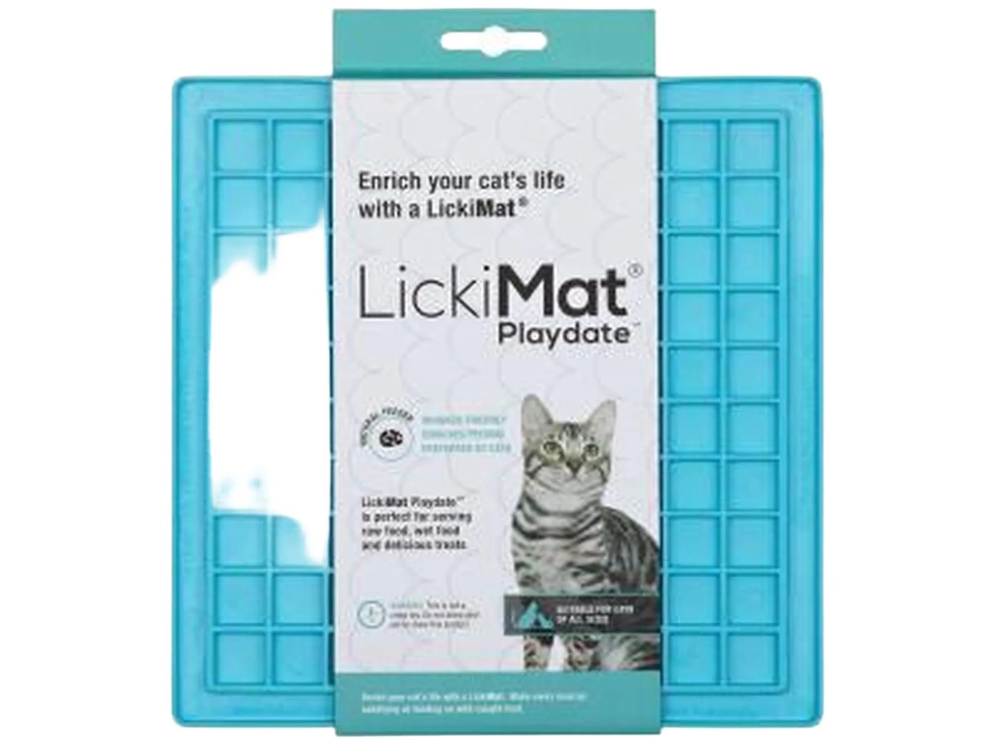 Blå Lickimat Playdate for katt, med firkantede lommer for våtfôr eller godbiter.