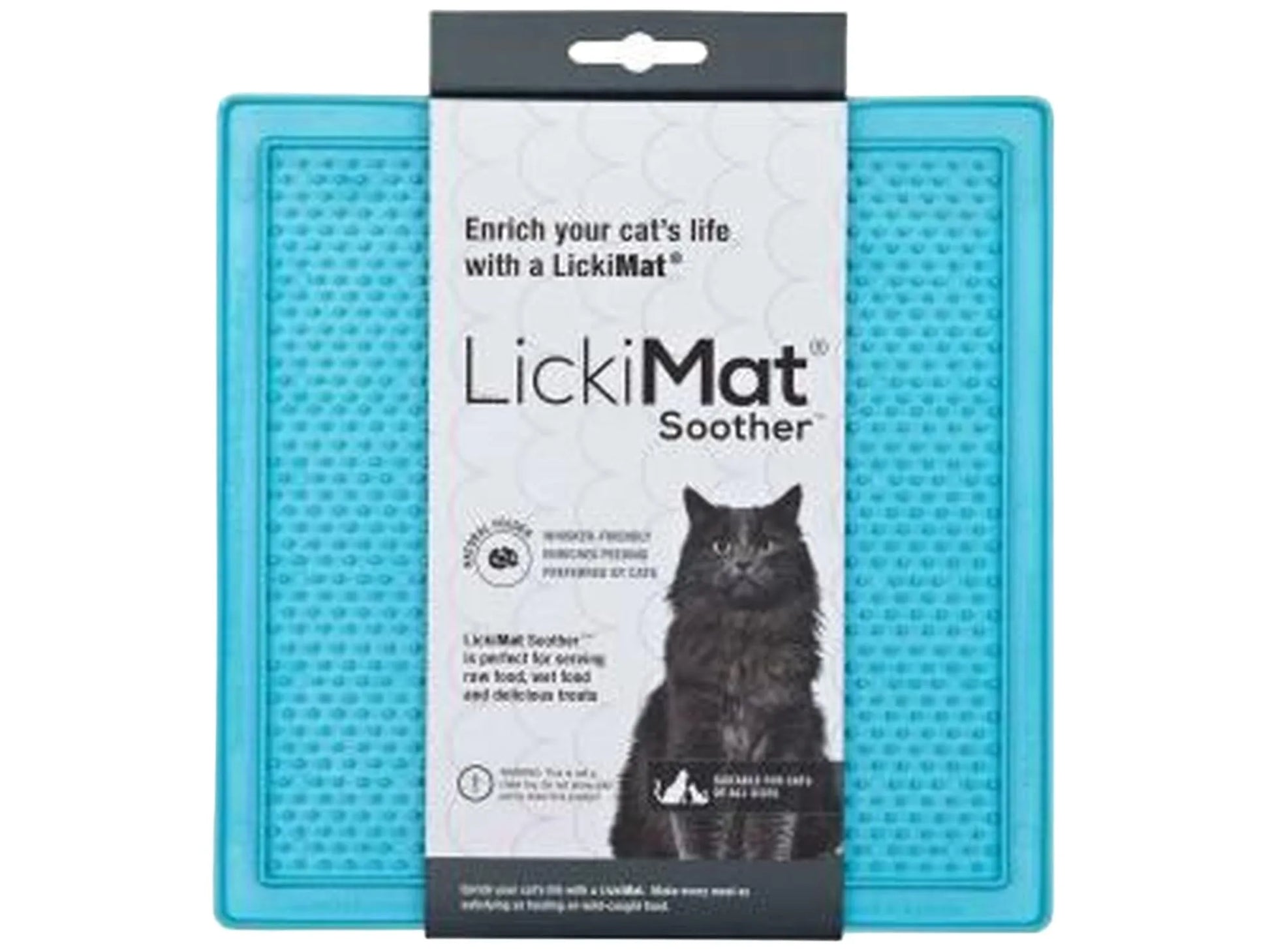 Lyseblå Lickimat Soother for katt med teksturert overflate, i emballasje med svart katt.