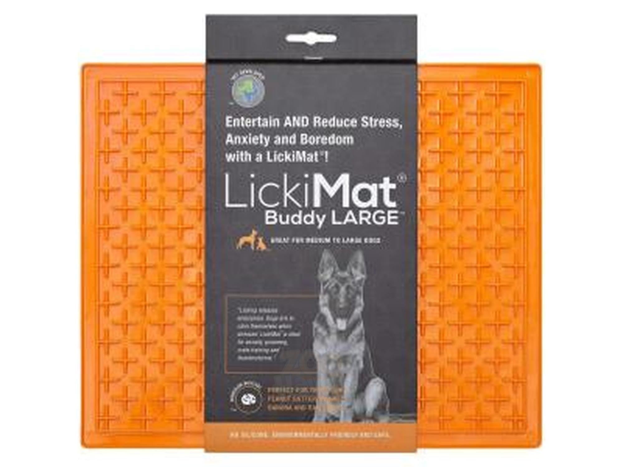 Oransje Lickimat Buddy Large slikkeunderlag for hund, med firkantede lommer.