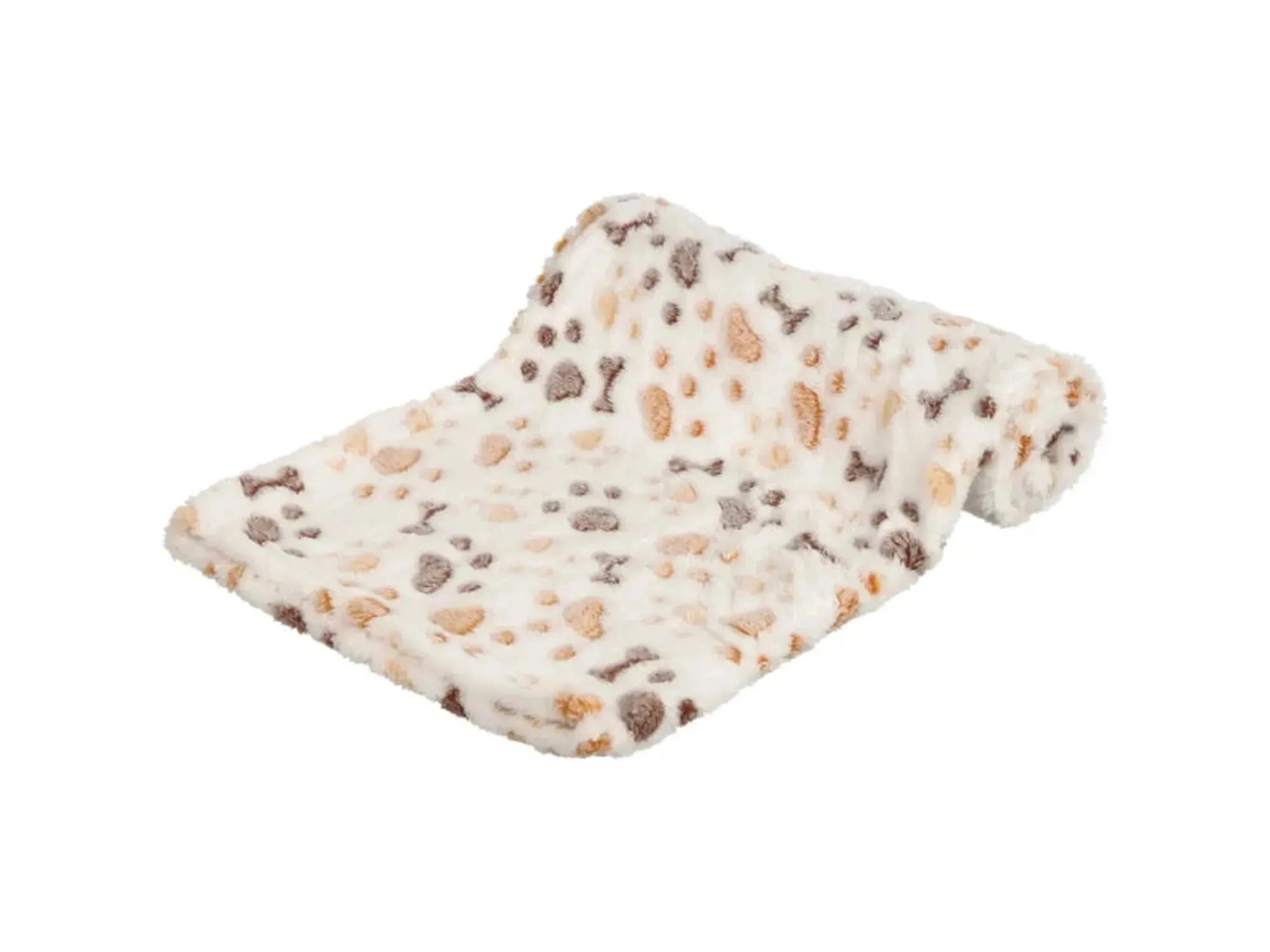 Lingo Teppe fleece hvit/beige 100x75 cm med bein- og poteavtrykkmønster.