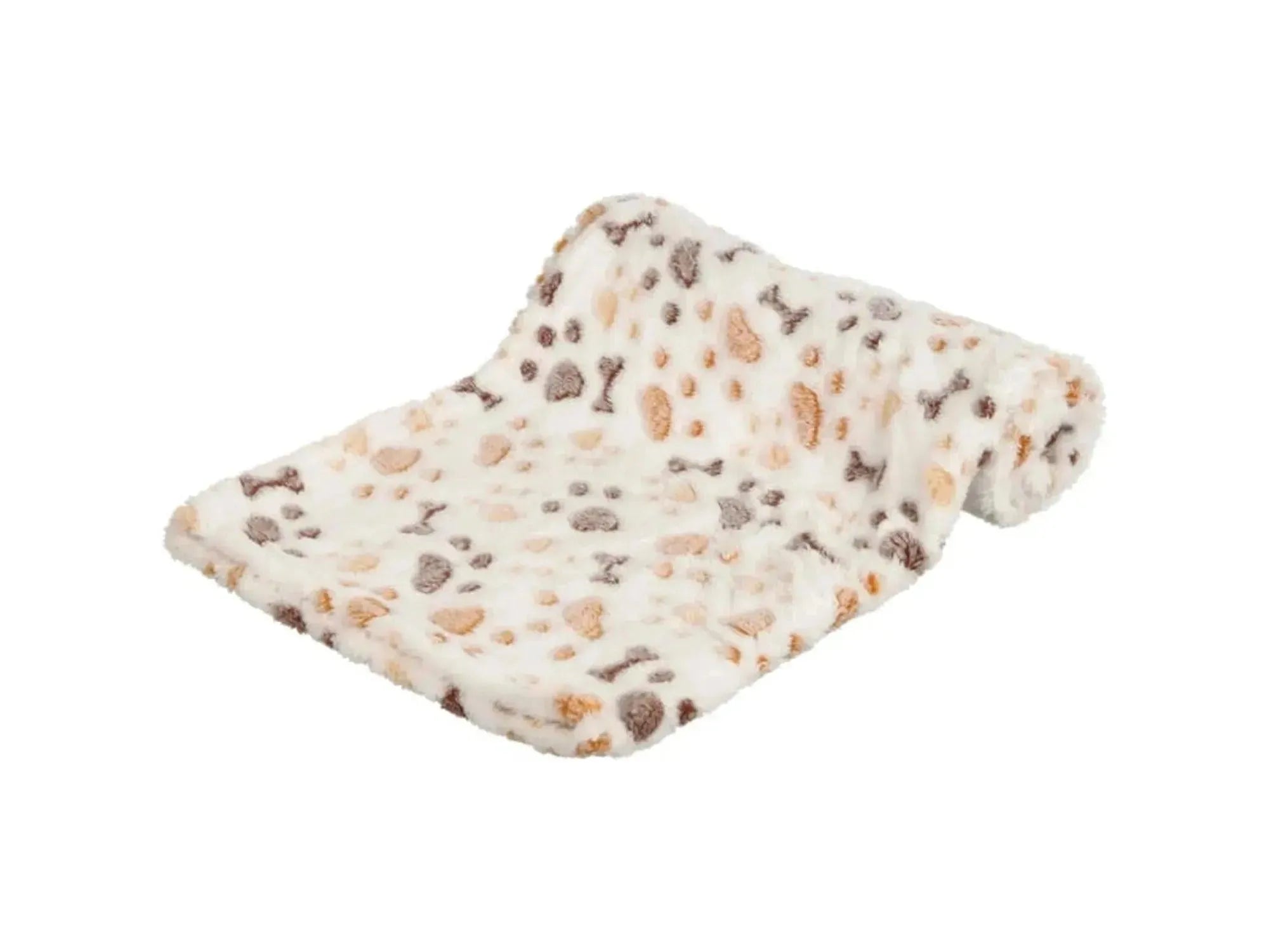 Lingo Teppe fleece hvit/beige 100x75 cm med bein- og poteavtrykkmønster.