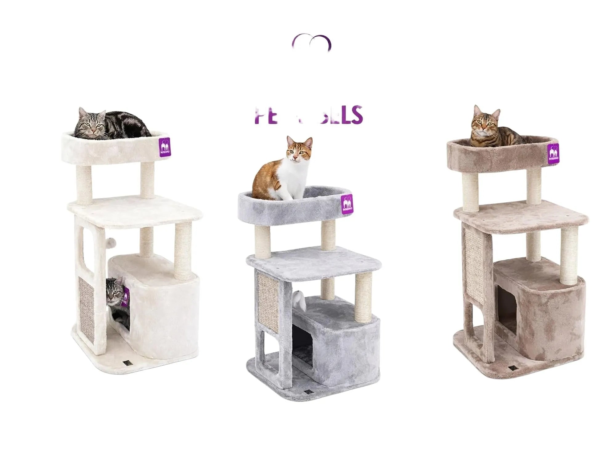 Kompakt Petrebels Little Rock 99 kloretre i grå plysj med sisal, en katt på toppen.