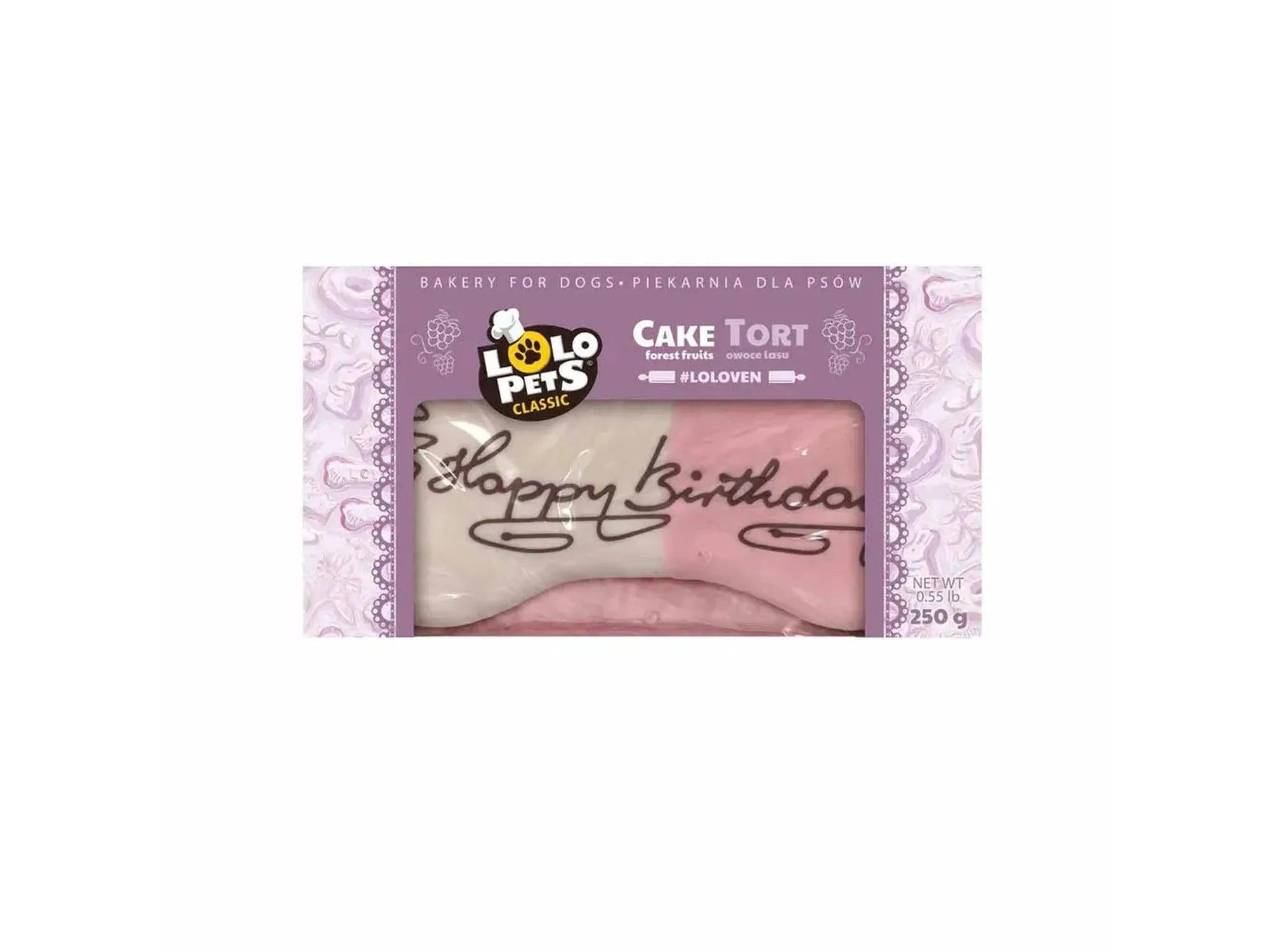 Lolo Classic Happy Birthday hundekake med skogsbærsmak, hvit og rosa glasur, 250g.