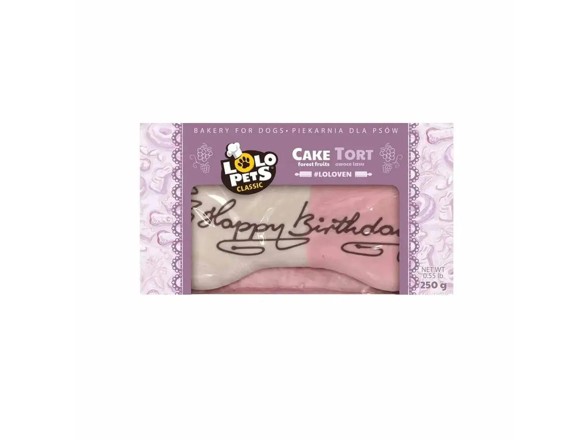 Lolo Classic Happy Birthday hundekake med skogsbærsmak, hvit og rosa glasur, 250g.