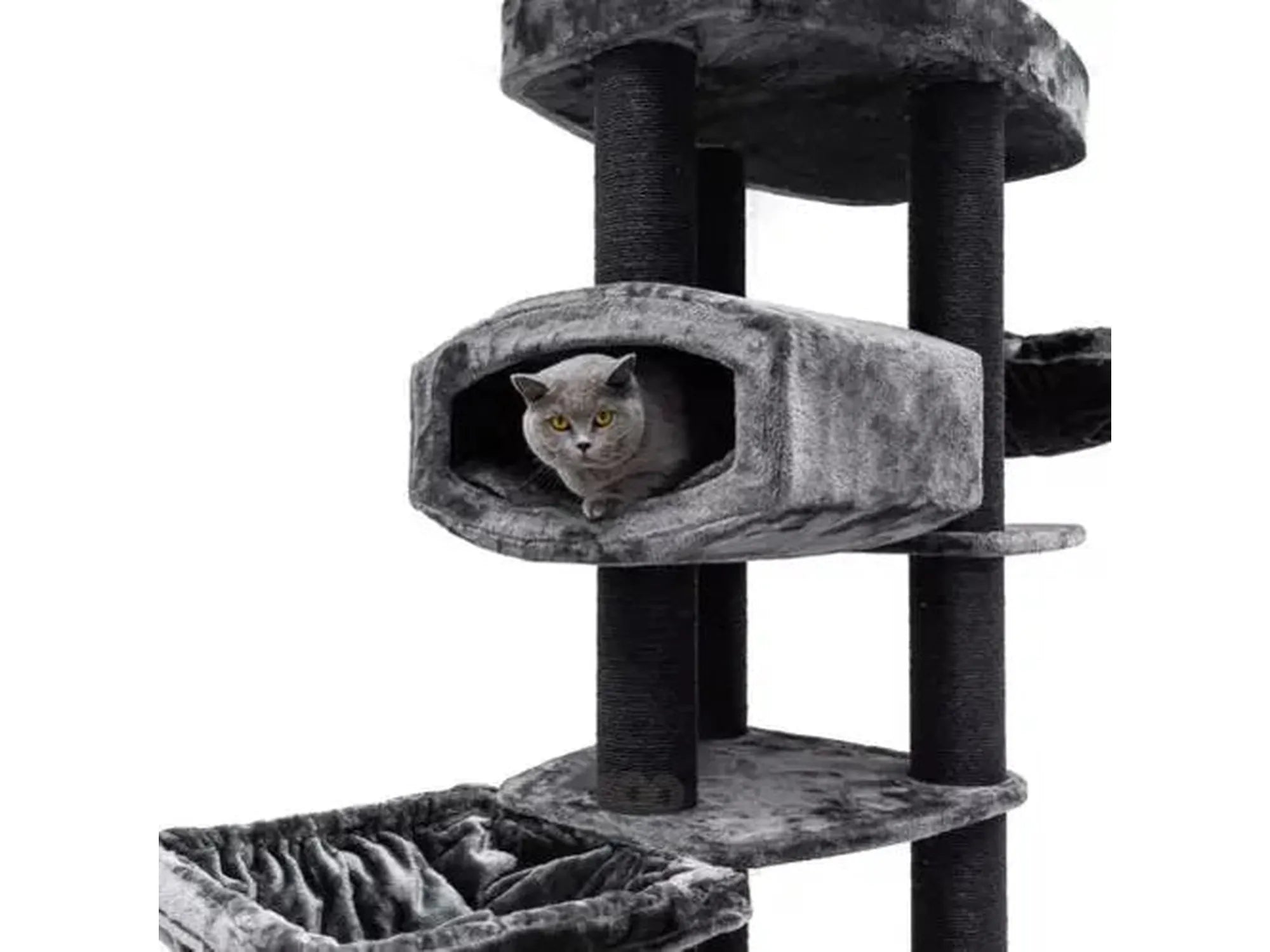 Grått Petrebels Lucky Bastards Drive 195 kloretre med en katt i hulen, sisalstolper og flere nivåer.
