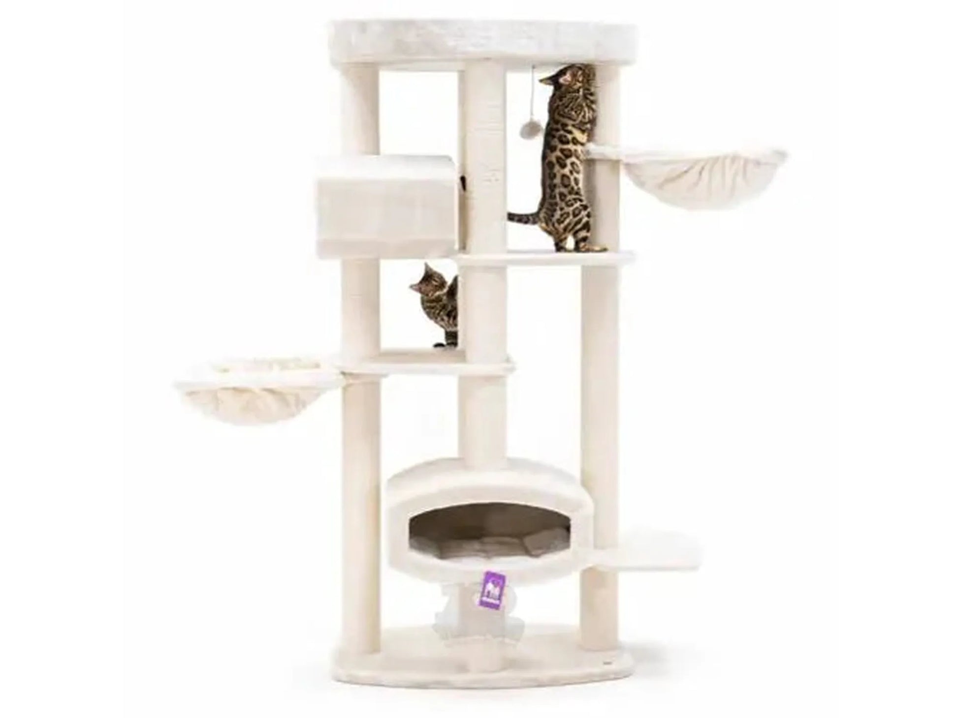 Cream Petrebels Cat Tree Drive 195 with multiple levels, tunnel, hammock, and two cats.