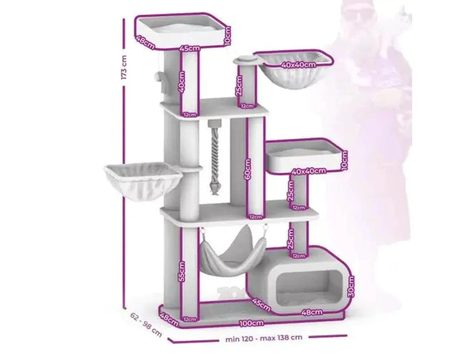 Cream Petrebels Lucky Bastards Interstate 173 cat tree with multiple platforms, beds, hammock, and sisal scratching posts.