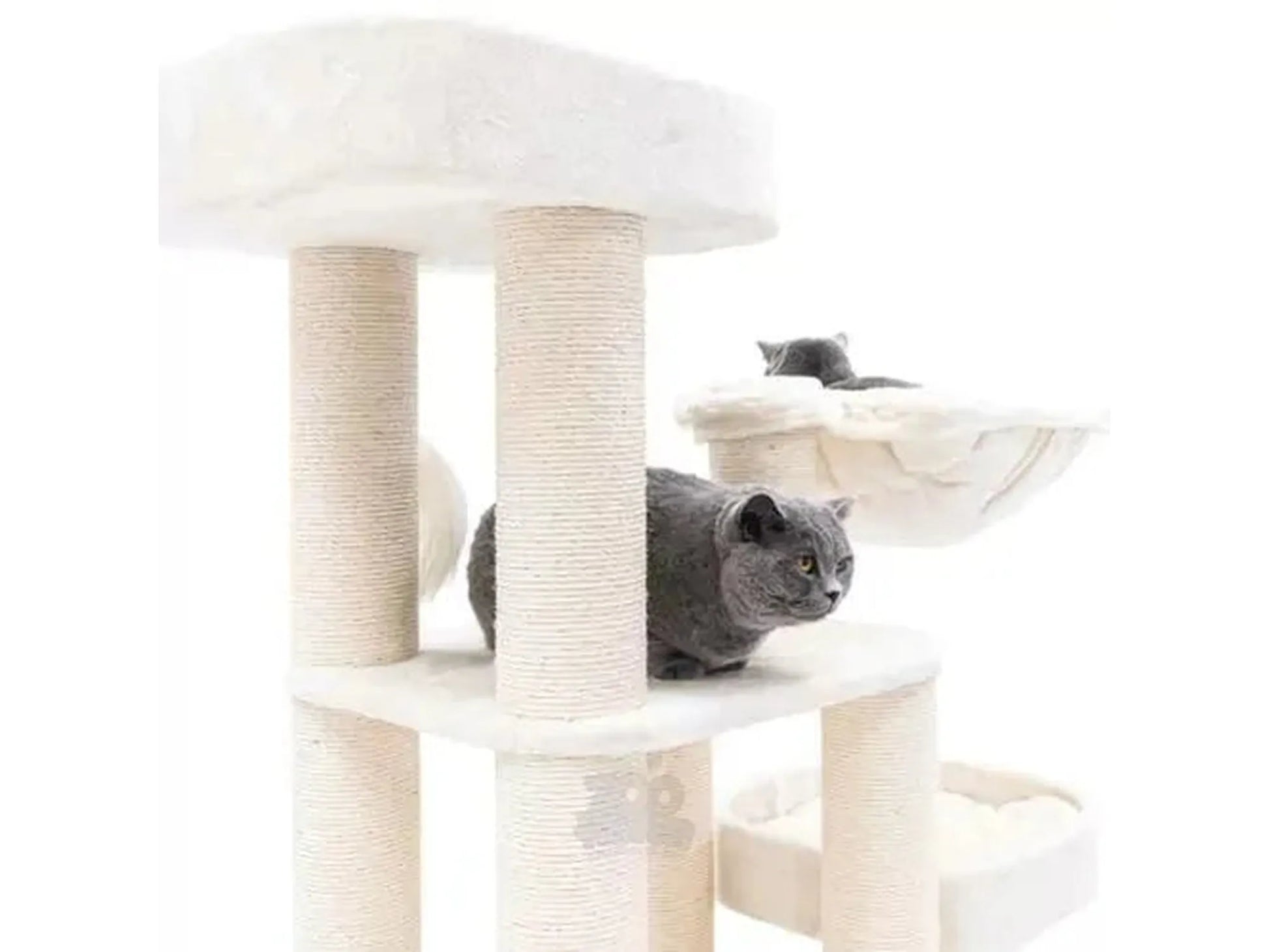 Cream-colored Petrebels Interstate 173 cat tree with sisal scratching posts, multiple platforms, and two gray cats.